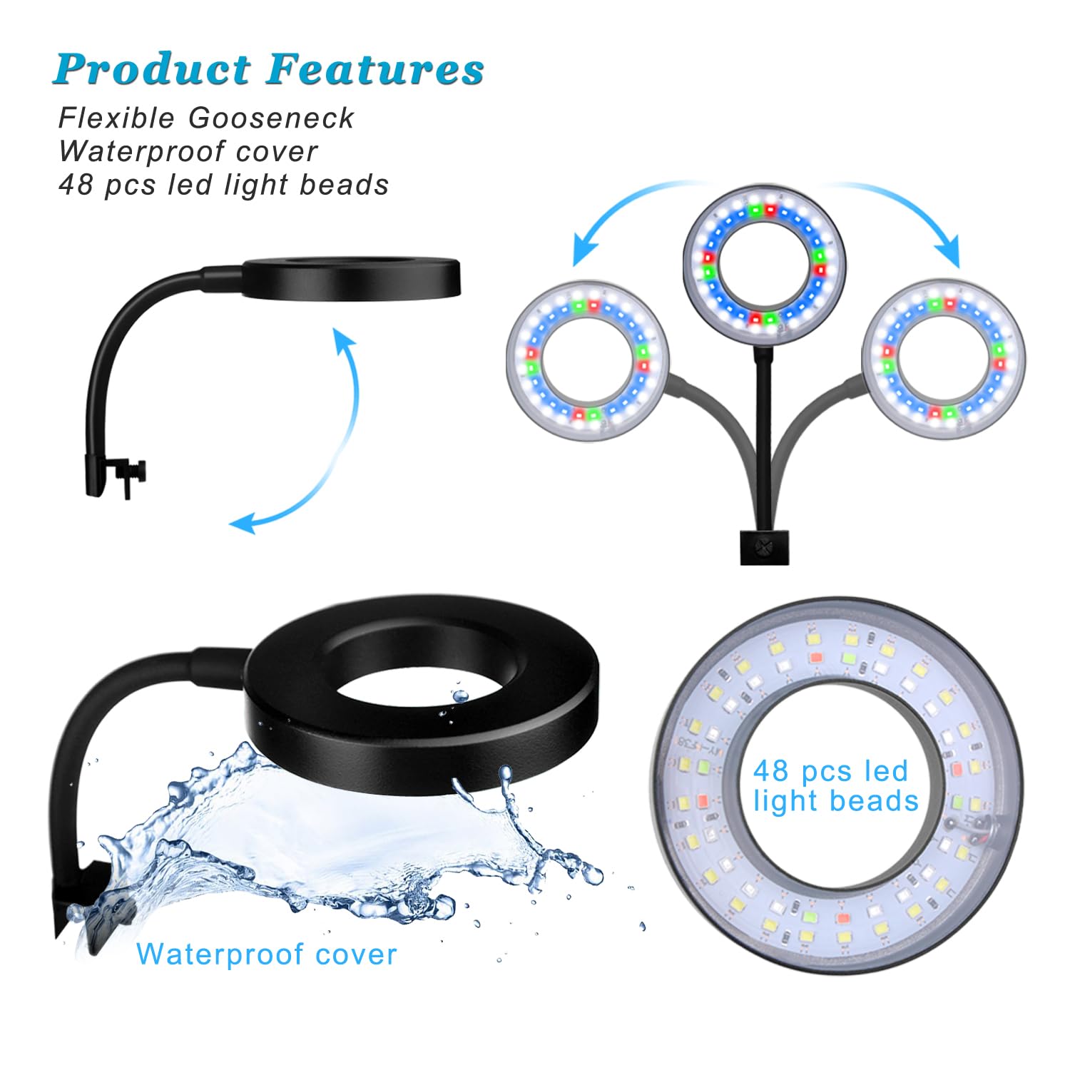 DOMICA Clip On Aquarium Light for 1 to 3 Gal Fish Tank (Dimmable White+Blue+Red LED) USB Moving Lamp for Open Terrarium (Adapter