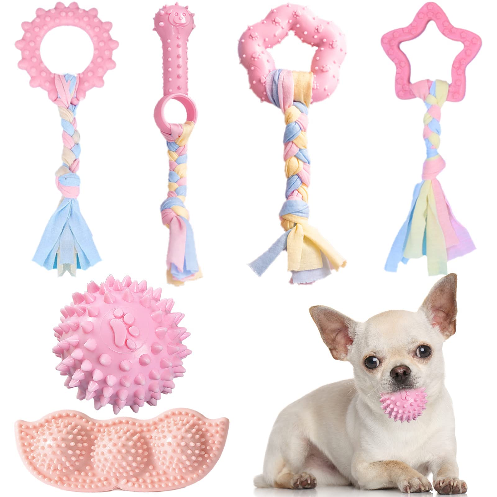 ABRRLO 6 Pack Puppy Teething Toys Cute Pink Puppy Chew Toys for Teething Small Breed Dog Chew Toy Interactive Pet Toy Set for Pu