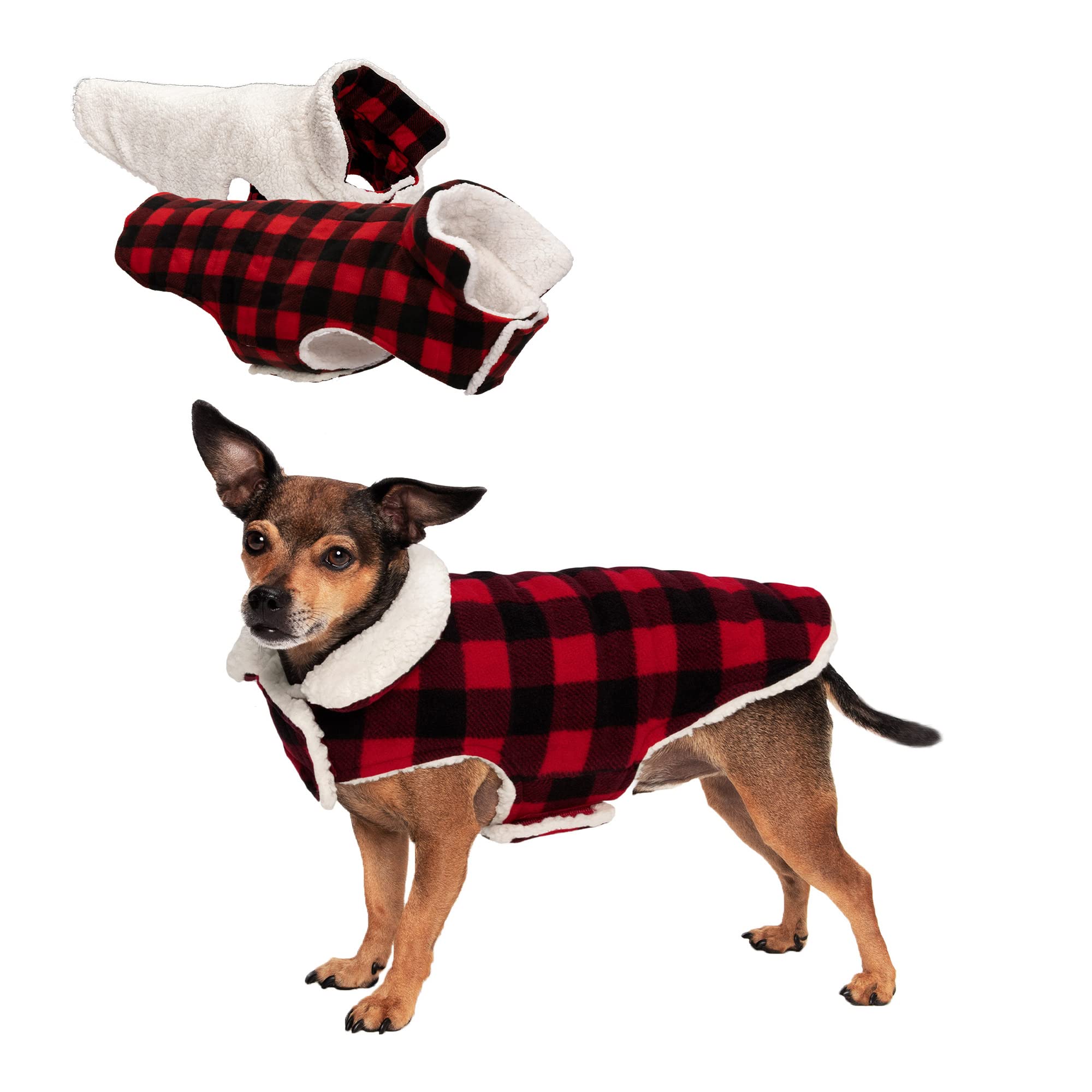 Furhaven Reversible Xs Dog Coat, Washable & Insulating W/ Leash Access - Sherpa & Plaid Fleece Flex-Fit Jacket - Cream/Red, Extra Small