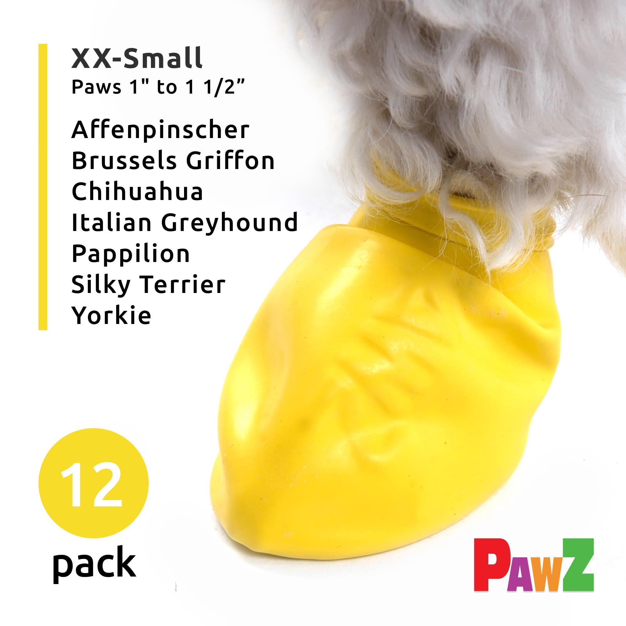 Pawz Rubber Dog Boots For Paws Up To 1' - 1/2' - Dog Booties For Hot Pavement, Anti Slip Dog Socks, 12 Reusable Paws Waterproof Dog Boots, Xxs, Yellow