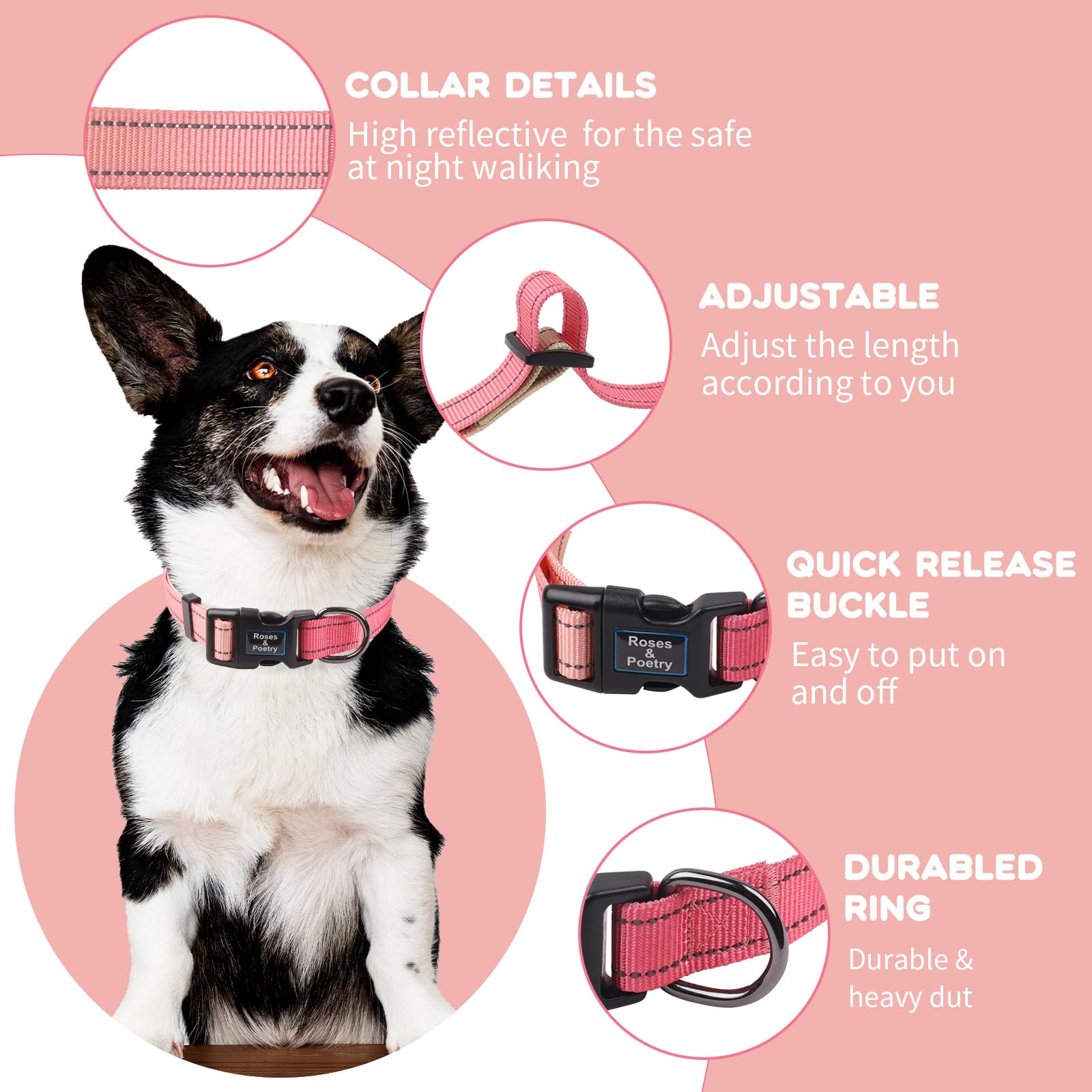 Roses&Poetry Pink Dog Collar And Leash Set For Medium Dogs, Adjustable, Reflective, Durable, 6 Feet