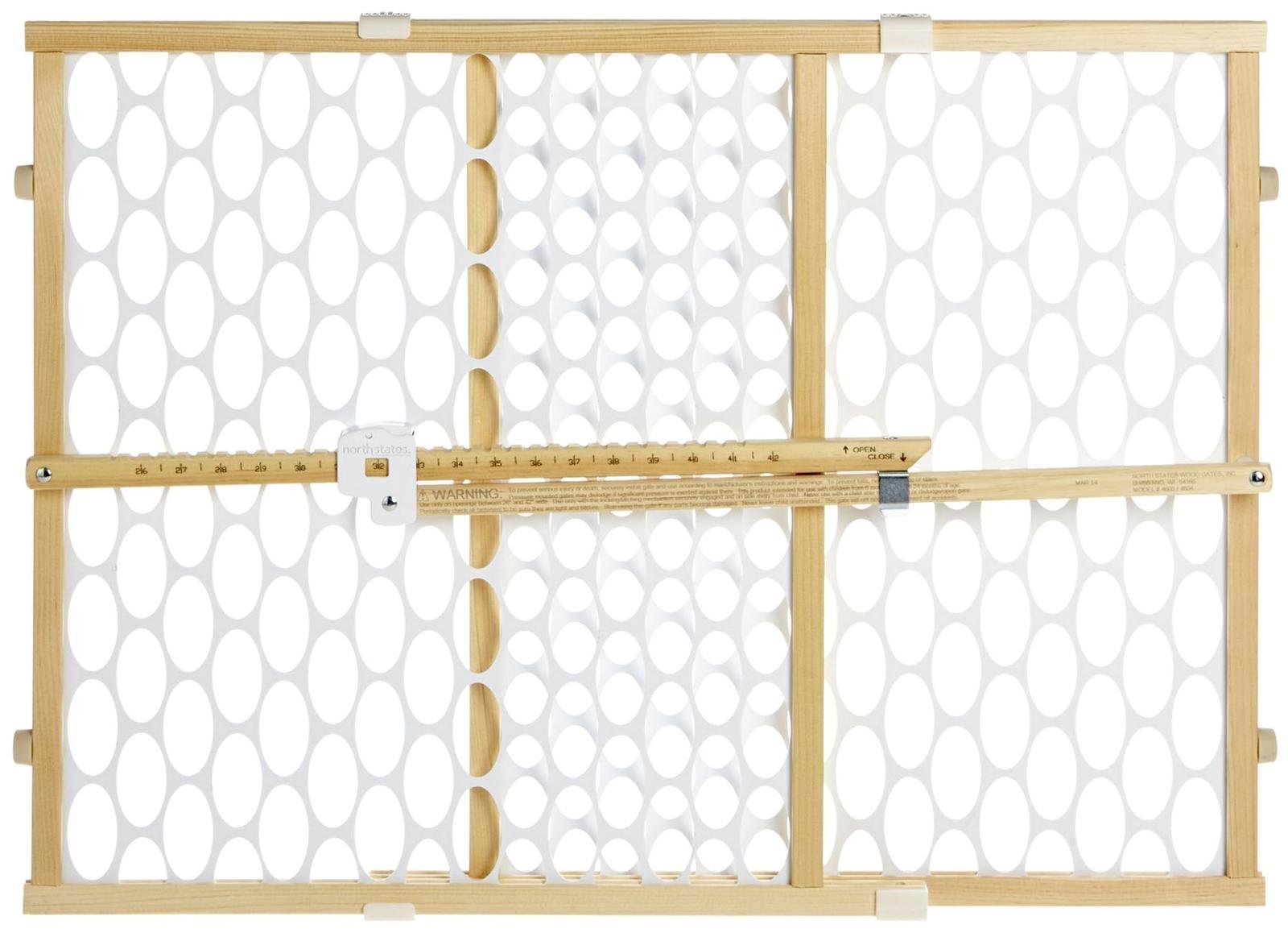Toddleroo By North States Quick Fit Oval Mesh Wooden Baby Gate: 26.5'- 42' Wide. Pressure Mounted Baby Gate For Doorway. Tension Lever For Quick Custom Fit. (23' Tall, Sustainable Hardwood)