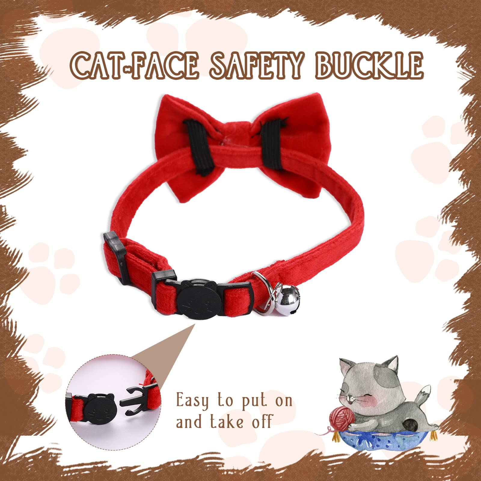 2 Pcs Velvet Cat Collar With Bell And Bowtie, Adjustable Breakaway Cat Collars Kitten Small Puppy Safety Bow Tie Solid Wedding Basic Color Cat Bow Tie Collar