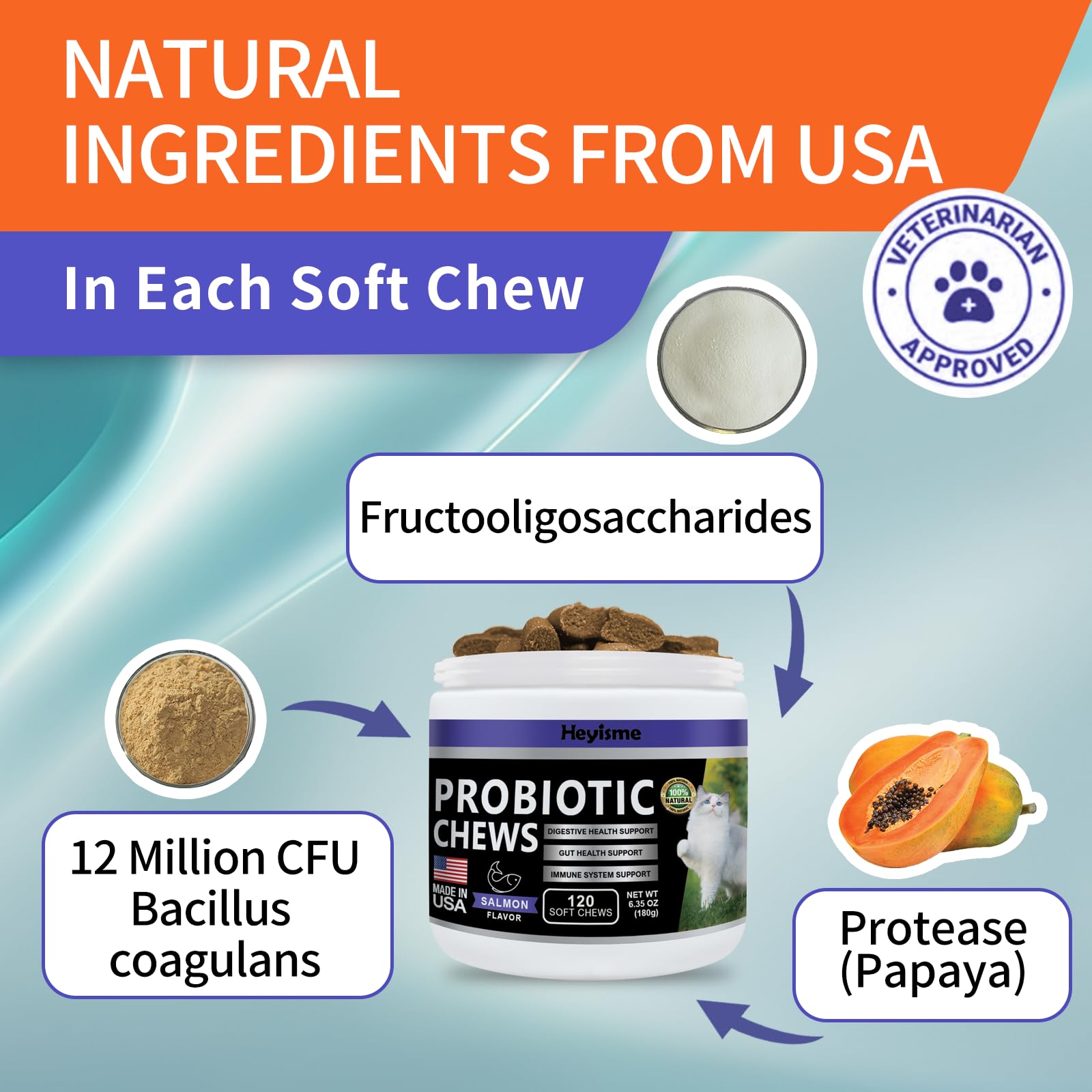 HEYISME Cat Probiotic, Chews for Gut and Immune Health, Cats Probiotic Supplement for Cat Digestive Support, Healthy Digestion,