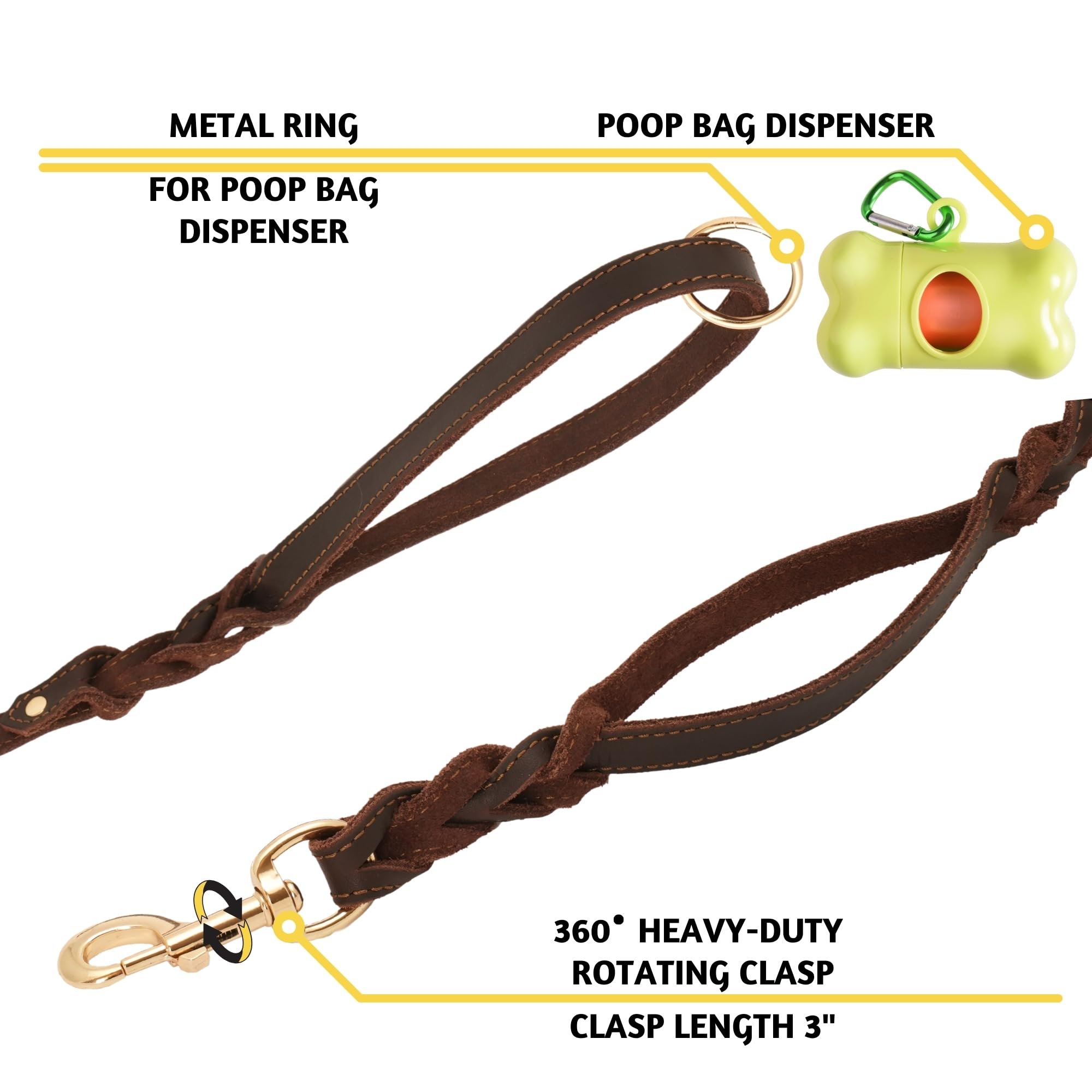 Adityna Double Handle Leather Dog Leash 6Ft - Heavy Duty Braided Leash With Traffic Handle - Lead For Training And Walking Medium & Small Dogs