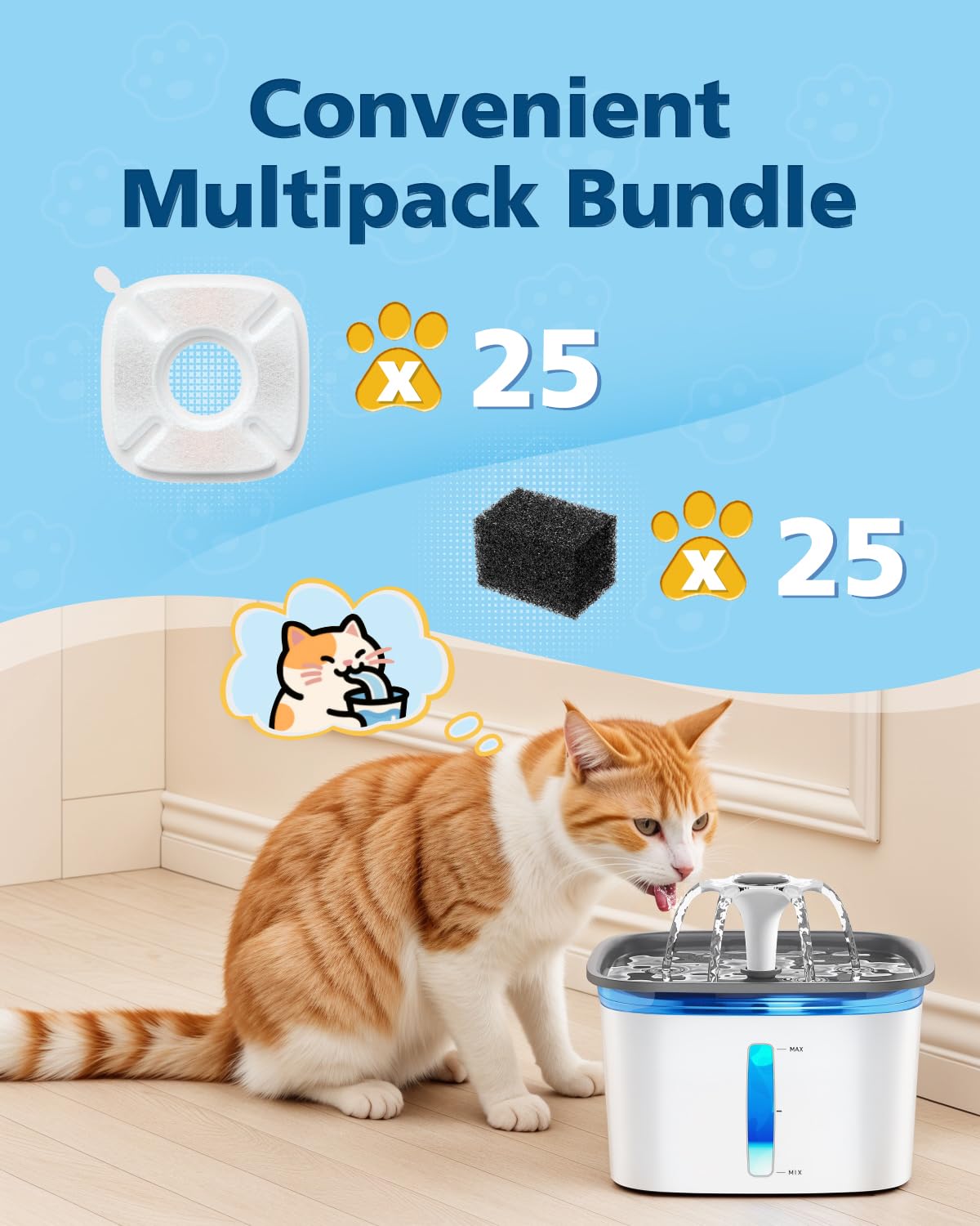 50 Pcs Cat Water Fountain Filters for Veken 95oz/2.8L, 67oz, 85oz, 135oz Dog Water Fountain Automatic Pet Fountain Dog Water Dis