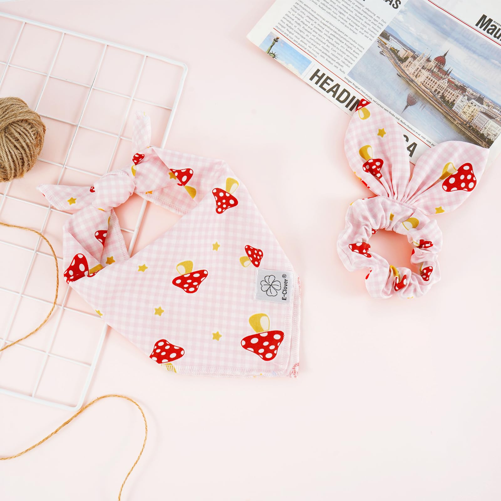 E-Clover Pink Buffalo Plaid Dog Bandanas & Matching Scrunchie Set Girl Cute Dog Scarf Bibs Pet Bandana With Bow Tie For Small Do