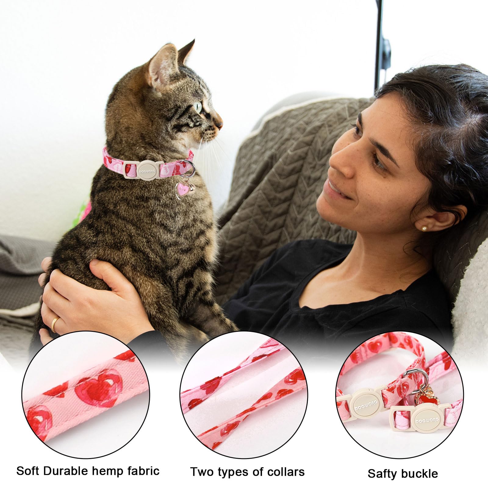 Cat Collar,2 Pack Cat Collars Breakaway With Bell, Dogwong Safety Buckle Valentine'S Day Cat Collar Pink Heart For Girl Boy Cats