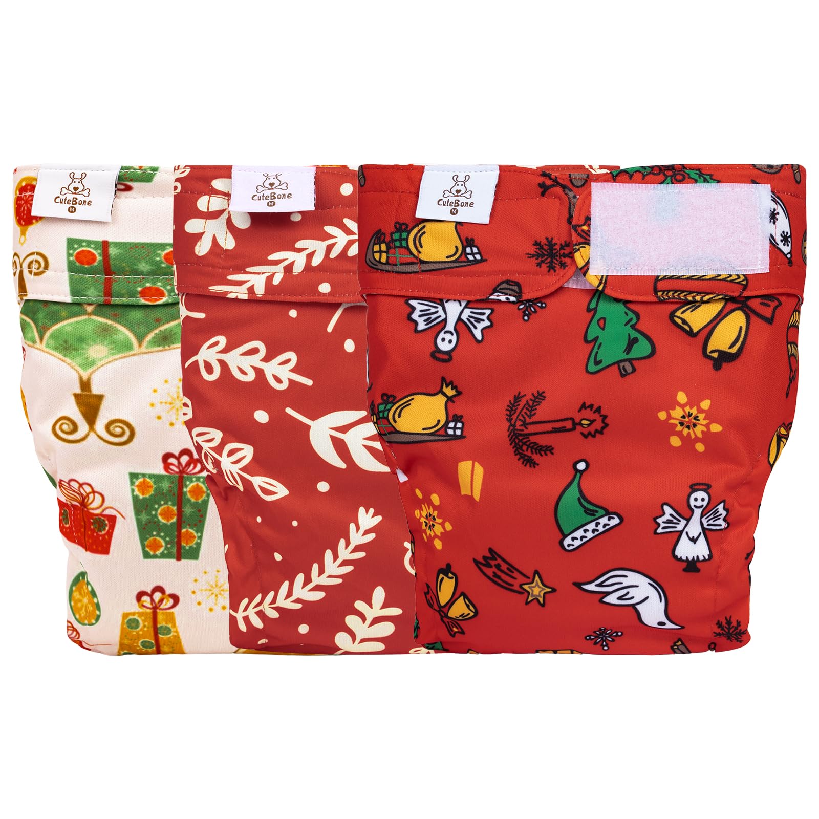Cutebone Washable Christmas Dog Diapers Female No Tail Hole 3 Pack Reusable Doggie Period Training Pants For Docked-Tail Frenchi