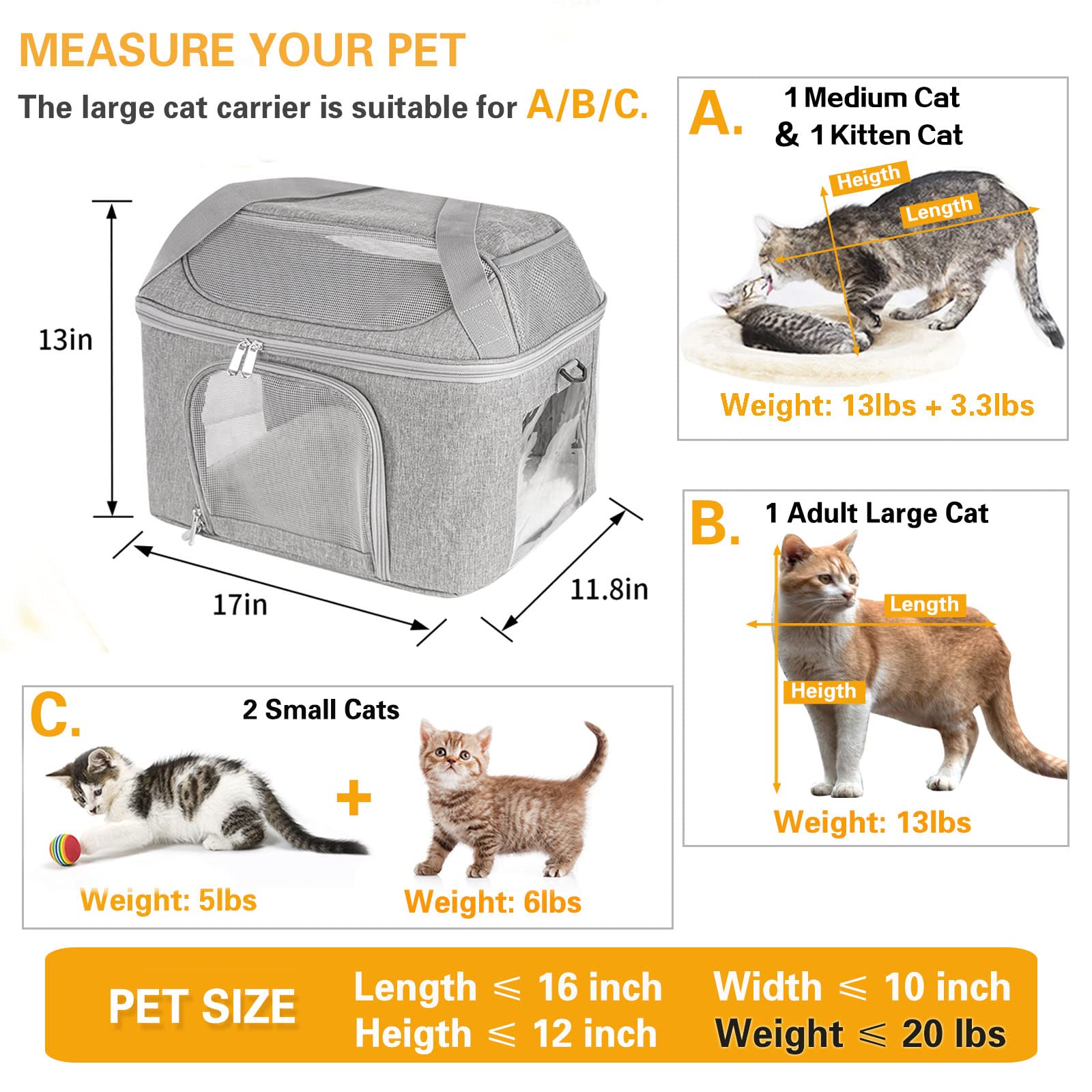 Bejibear Small Cat Carrier for 2 Cats, Oeko-TEX Soft Side, TSA Approved, Grey, Collapsible, for Cats & Small Dogs up to 20 lbs