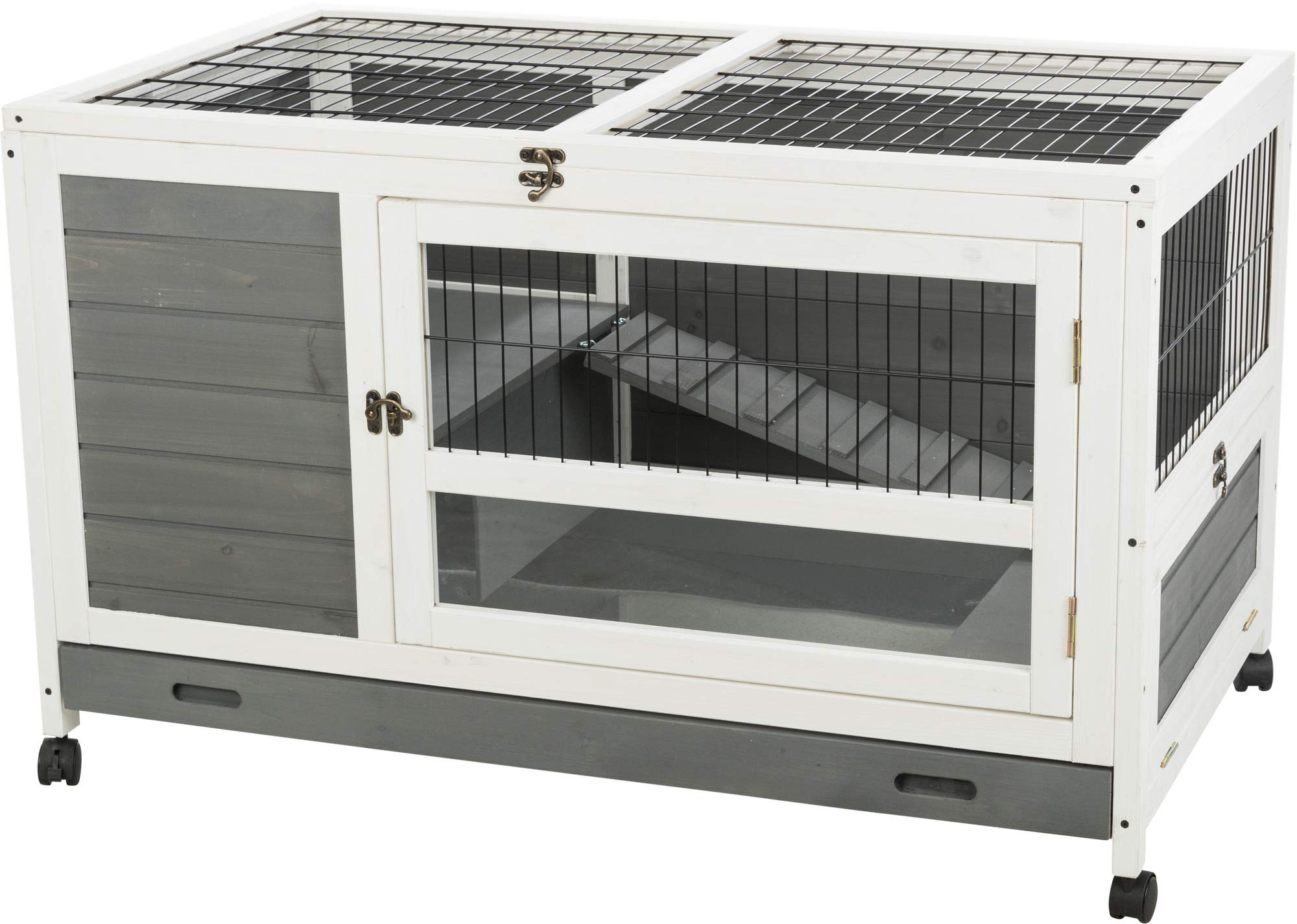 Trixie Natura Small Indoor Rabbit Hutch, Pet House For Rabbits And Guinea Pigs, Bunny Cage On Wheels, Pull Out Tray