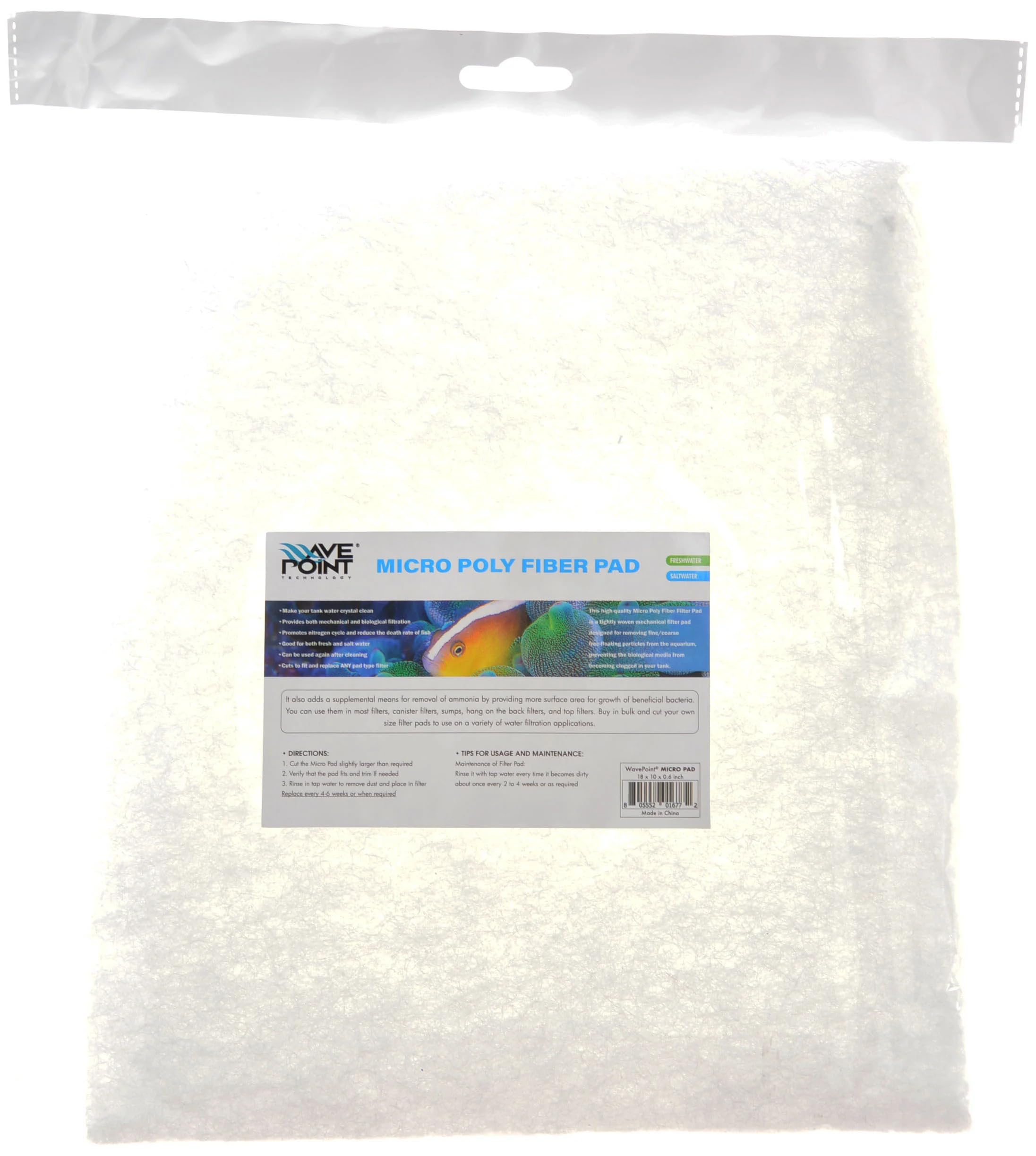 Wave Point Premium Polyfiber + Filter Media Pad 18 X 30 Inch - Cut To Fit For Aquariums And Ponds (Polyfiber, White - 30X18 Inch)