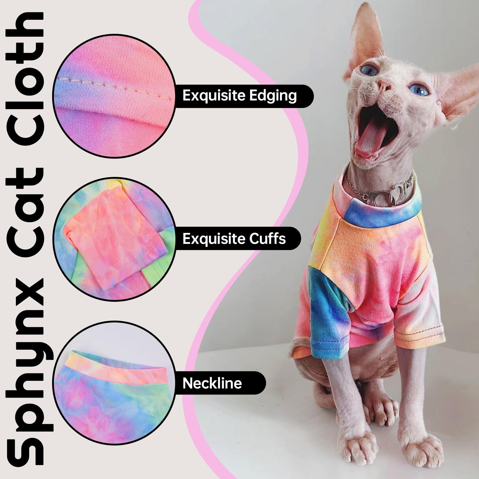 Qbleev Sphynx Cat Clothes, Hairless Cats Rainbow Rendering T-Shirt For Spring Summer Autumn, Breathable Cat Wear Clothes Vest Sh