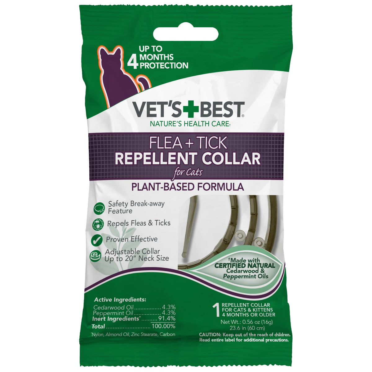 Vet'S Best Flea And Tick Repellent Collar For Cats - Flea And Tick Prevention For Cats - Plant-Based Ingredients - Certified Natural Oils - Up To 20” Neck Size