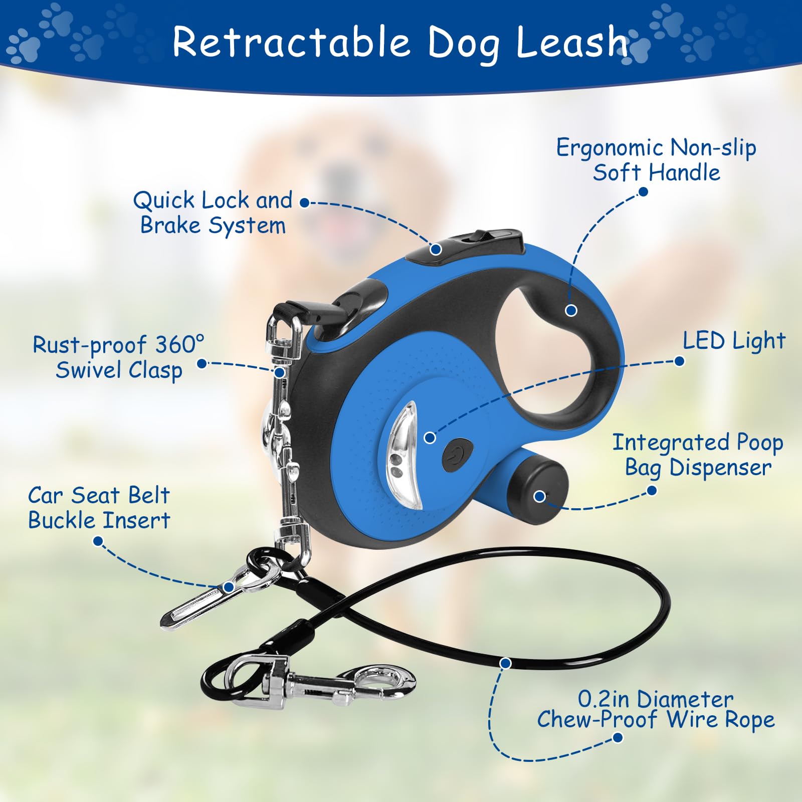 26Ft Retractable Dog Leash - for Dog Up to 110lbs, Tangle Free Walking Leash with Chew Proof Cable | LED Light | Dispenser | Poo
