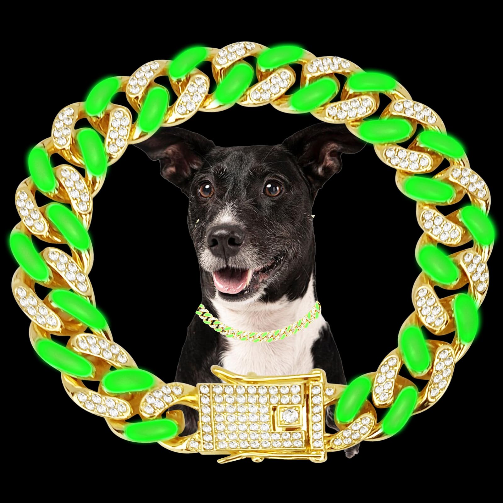 Wimupath Silver-Plated Green Diamond Dog Collar - Cuban Style Metal Chain With Secure Buckle, Luxury Durable Collar For Small/Me