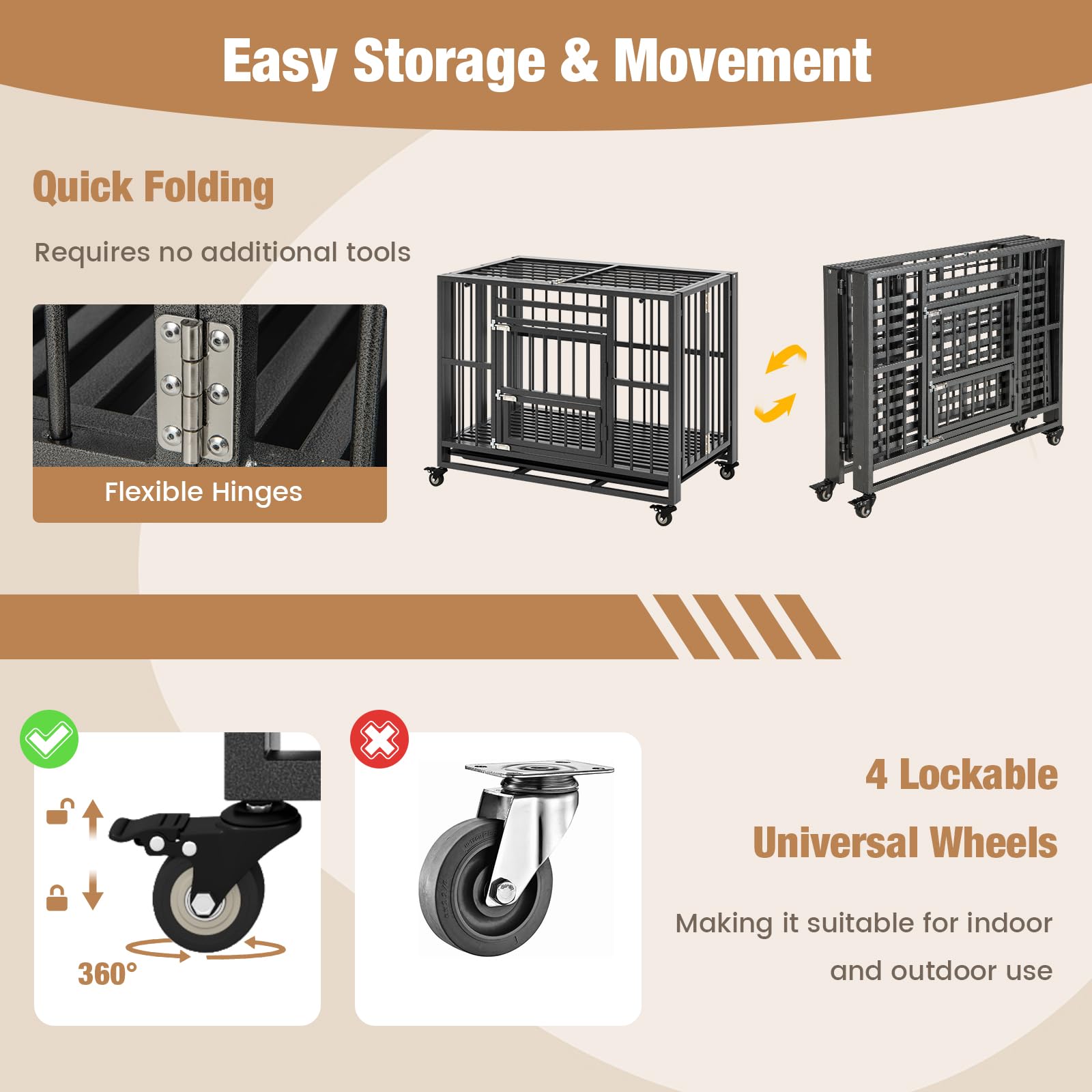 Petsite 37 Inches Foldable Metal Dog Crate, Heavy Duty Dog Cage With 3 Lockable Doors, Removable Tray, 4 Lockable Universal Whee