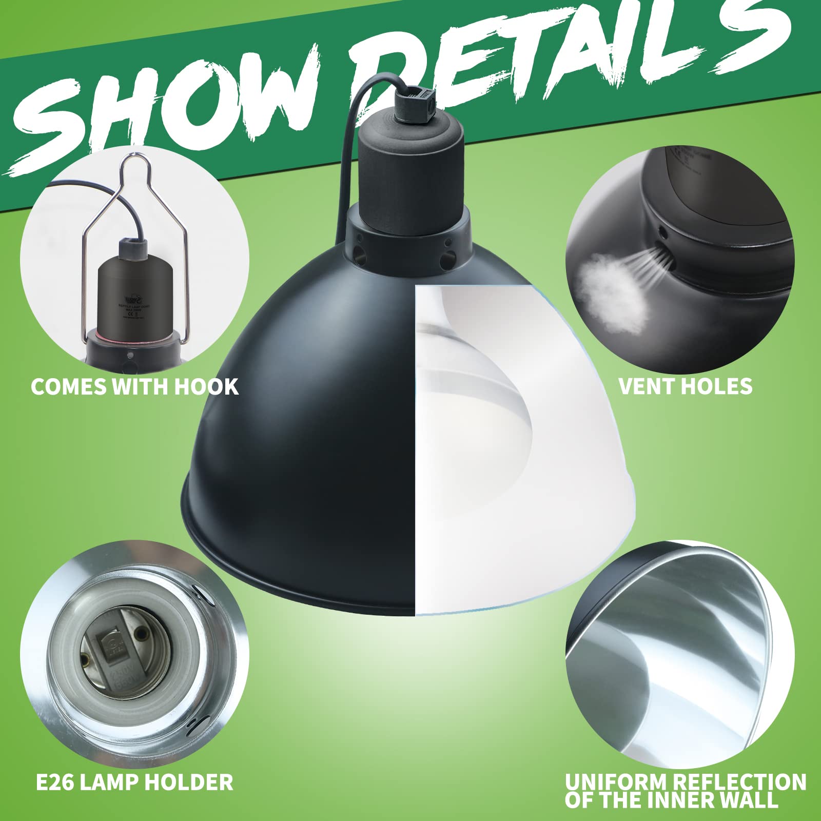 Lucky Herp Aluminum 8.1Inch Dome Reptile Light Fixture, Reptile Heat Lamp Fixture For Uvb Bulb Basking Heat Bulb