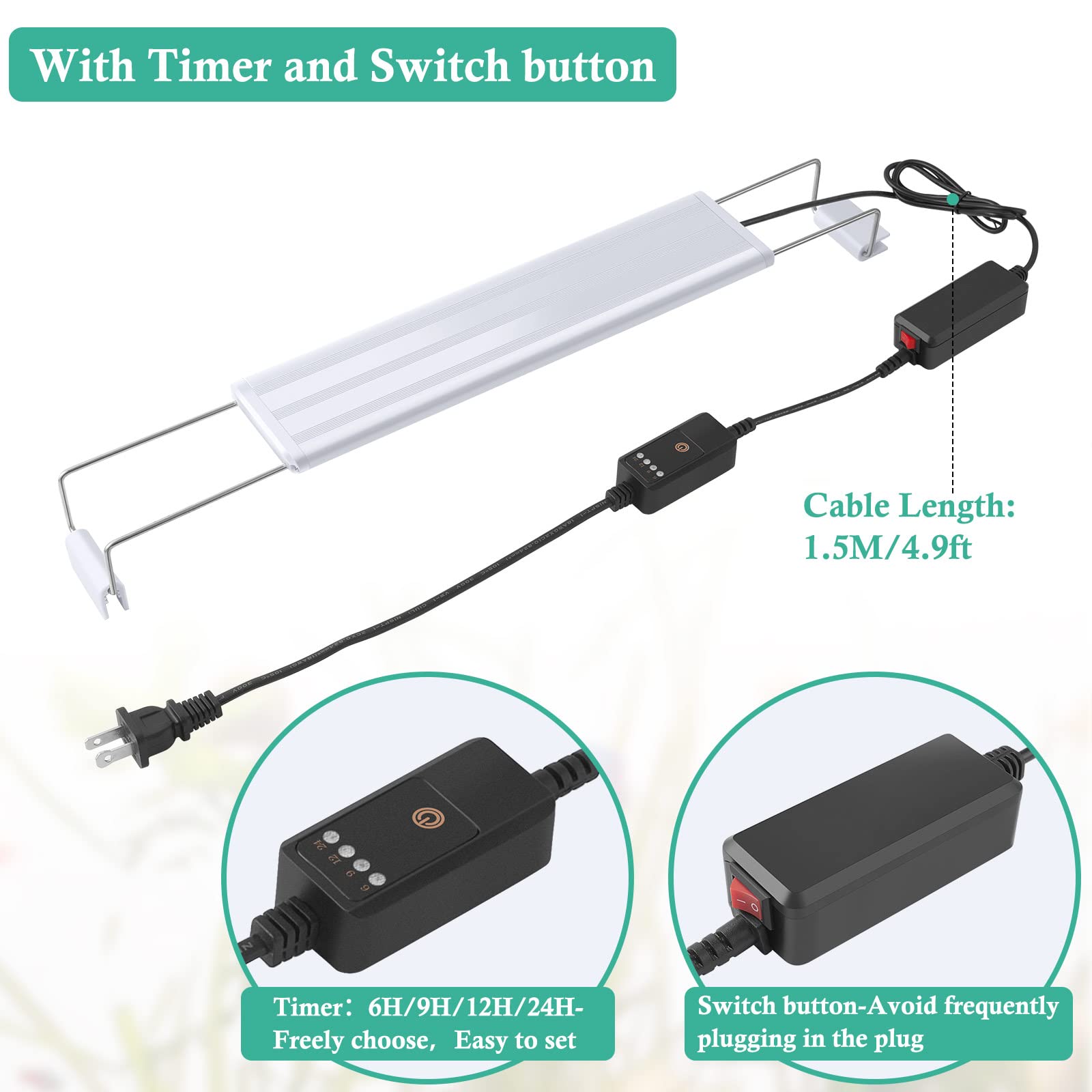 Hitop Full Spectrum Led Aquarium Light - 12” 16” 24” 32” Classic Fish Tank Light With Rgb Leds, With Timer And Stable Extendable Brackets (12-20In)