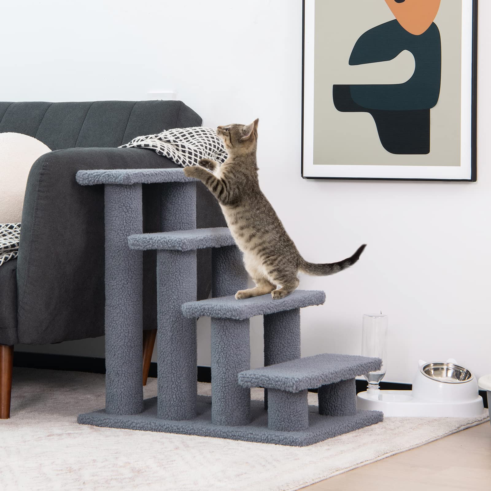 Tangkula Pet Stairs For Cats And Dogs, 4-Step Carpeted Ladder Ramp Cat Climber Cat Scratching Post, Multi-Step Dog Stairs For Hi