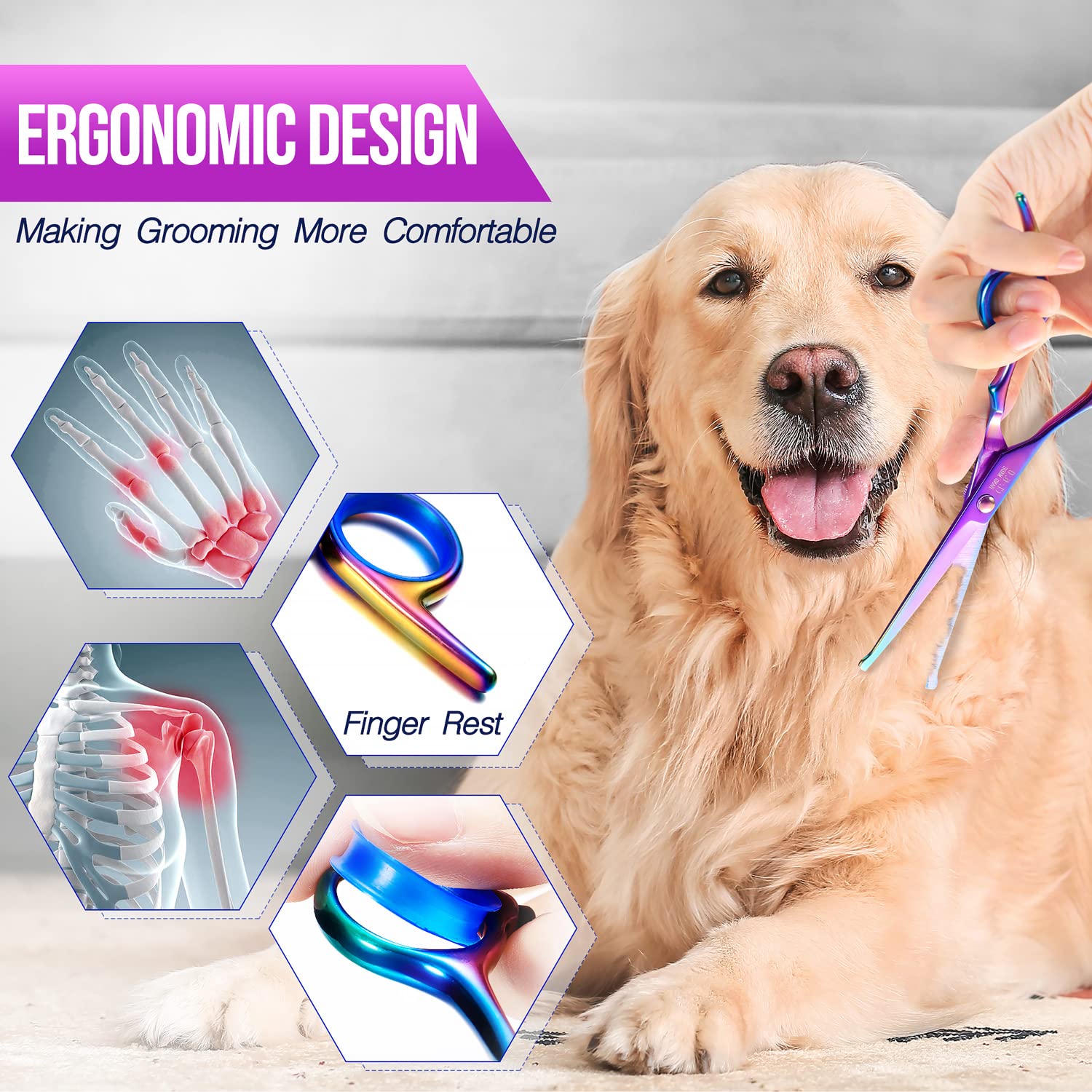 Gimars Dog Grooming Scissors Kit Professional 4Cr With Safety Round Tip, 5 In 1 Heavy Duty Titanium Coated Thinning & Curved & S