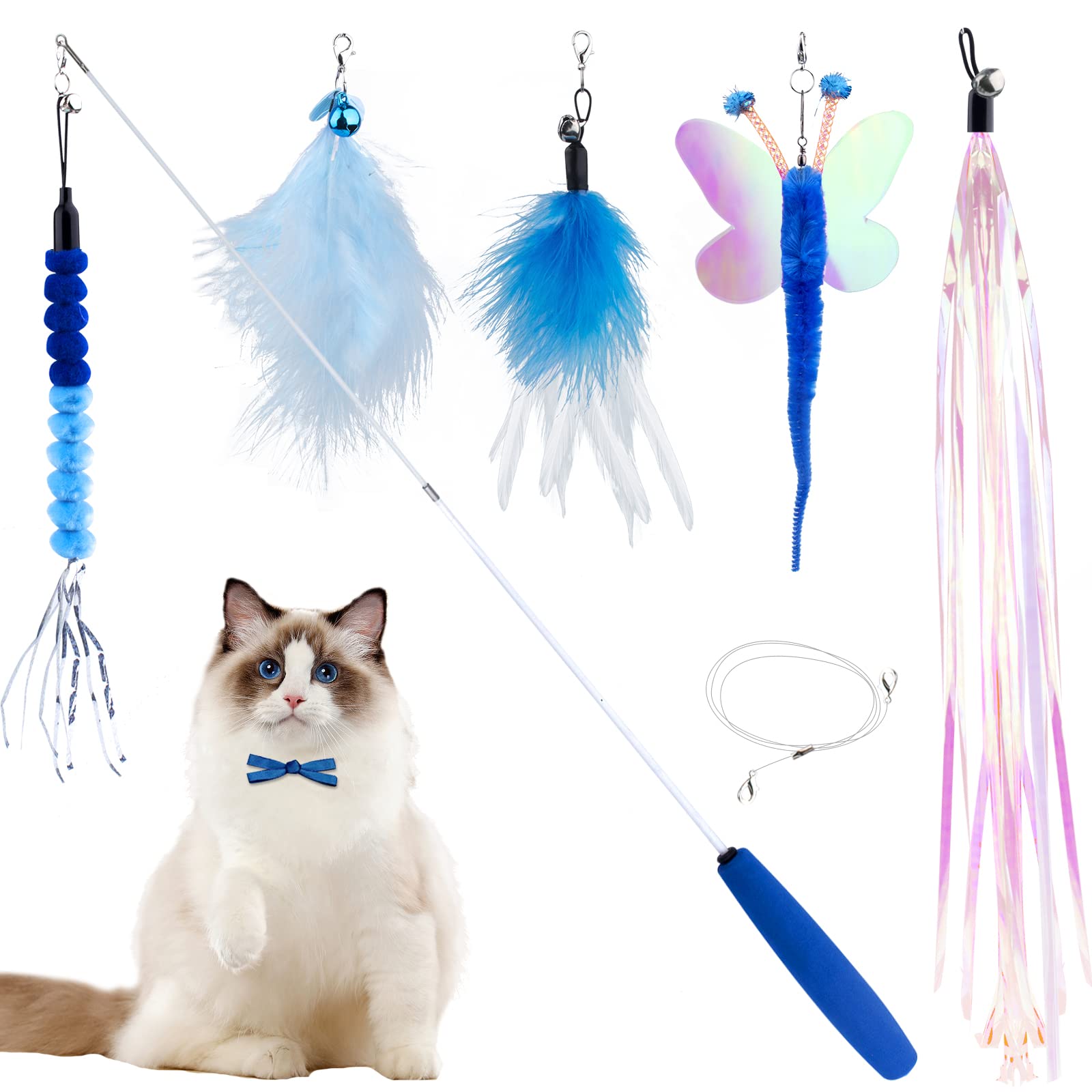 iKOIHO Cat Wand Toy for Indoor Cats 6PCS Fairy Feather Cat Toys with Retractable Fishing Pole Replaceable Feather Attachments Dr