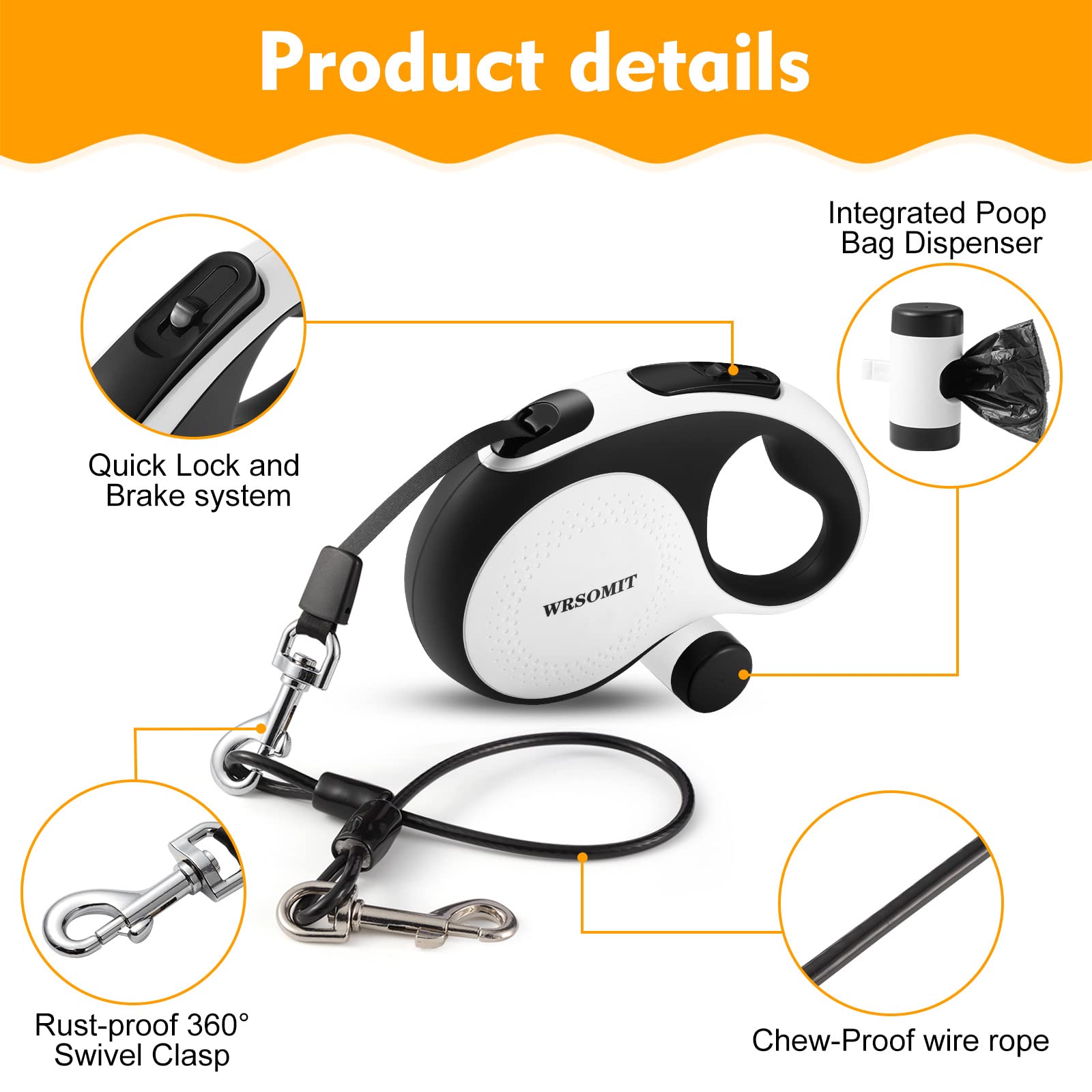 WRSOMIT 26Ft Retractable Dog Leash, Heavy Duty for Medium Large Dogs up to 110lbs, Chew Proof Cable, White, Model A0302RS-1