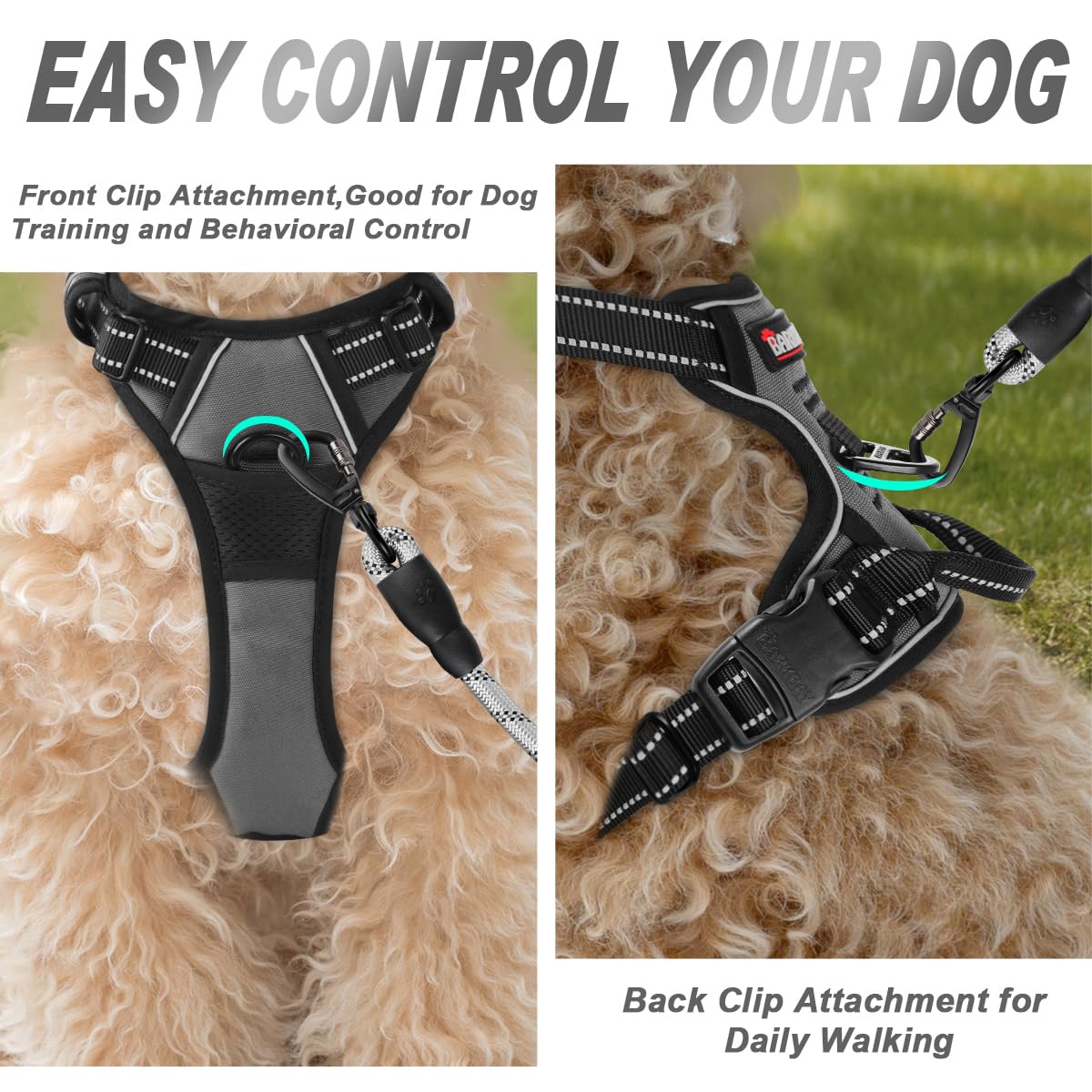 BARKBAY No Pull Dog Harness Front Clip Heavy Duty Reflective Easy Control Handle for Large Dog Walking(Dark Grey,XS)