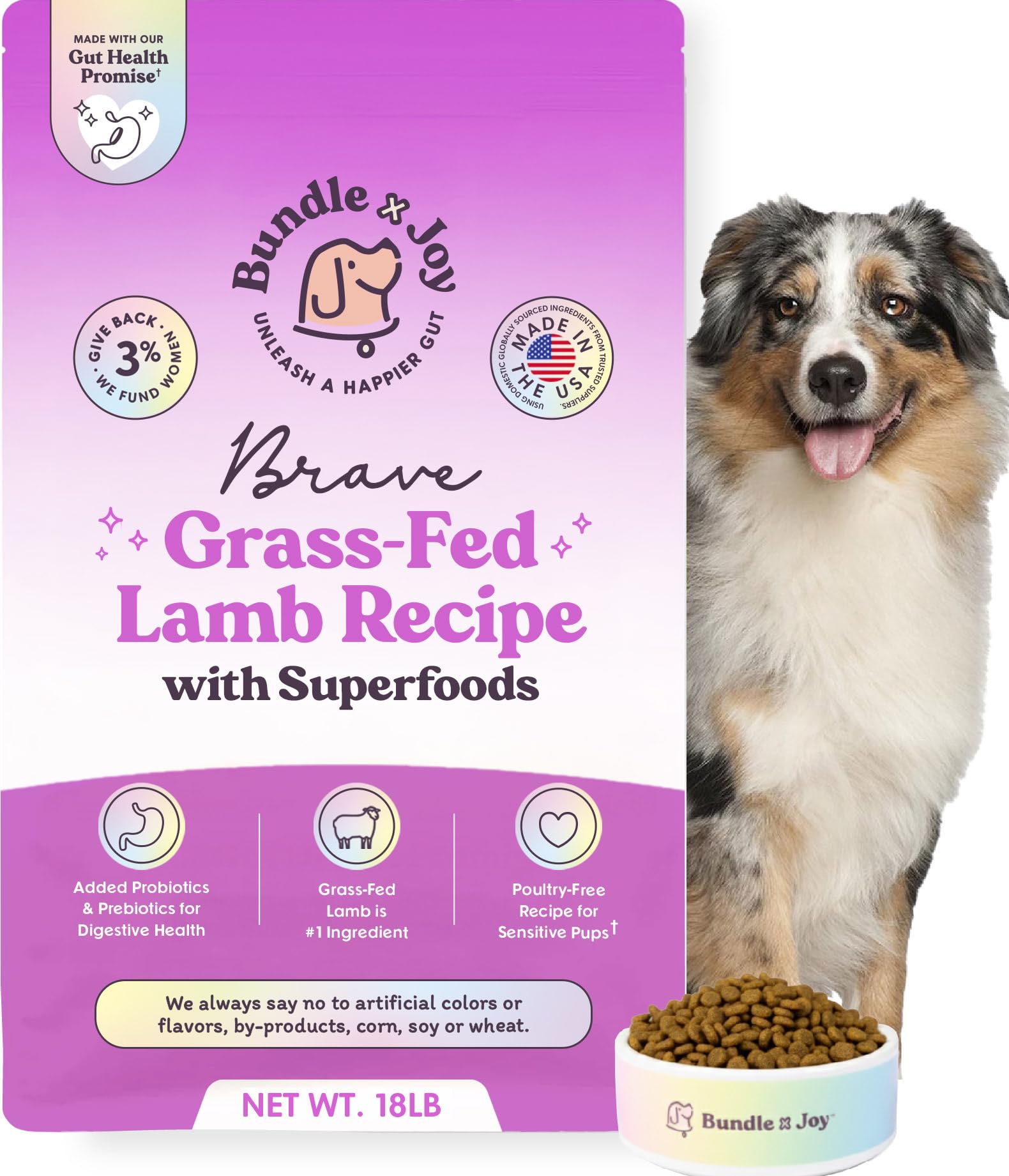 Bundle x Joy Brave Probiotic Dog Food Dry, Lamb, 18lb Bag, Natural Grain Free Adult Kibble for Digestive Health Made with Real N
