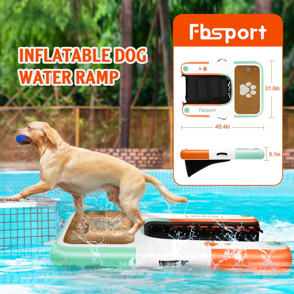 Fbsport Inflatable Dog Boat Ramp Floating Dock Water Ramp Ladder For Pool, Boat, Non-Slip Eva Floating Ladder For Dog Up To 220