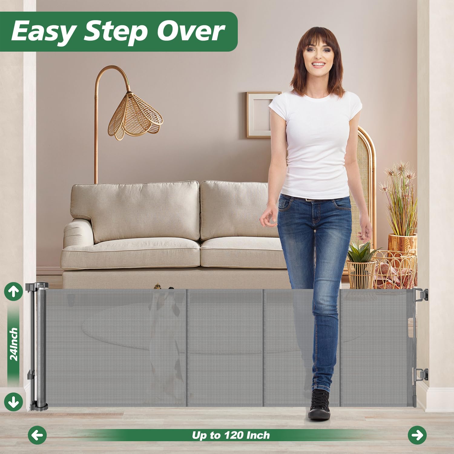 24'' Tall X 120'' Extra Wide Retractable Baby Gates, Short Dog Gates to Step Over, Reinforced Long Mesh Pet Gate with Support Ro