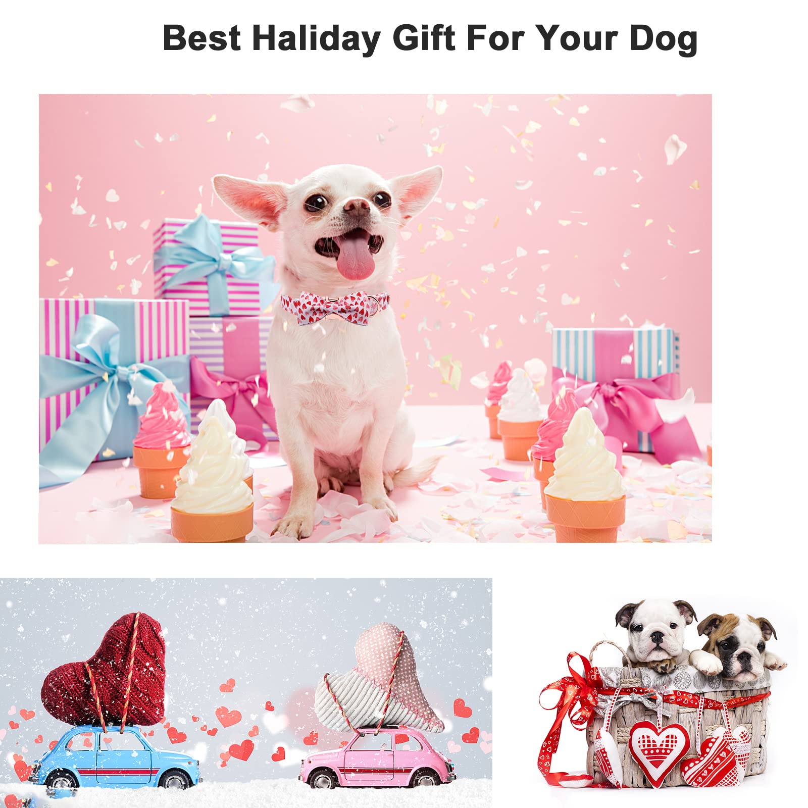 Babole Pet Valentine's Day Dog Collar with Bow Tie,White Red Pink Love Male Dog Collar with Safety Metal Buckle Adjustable Puppy