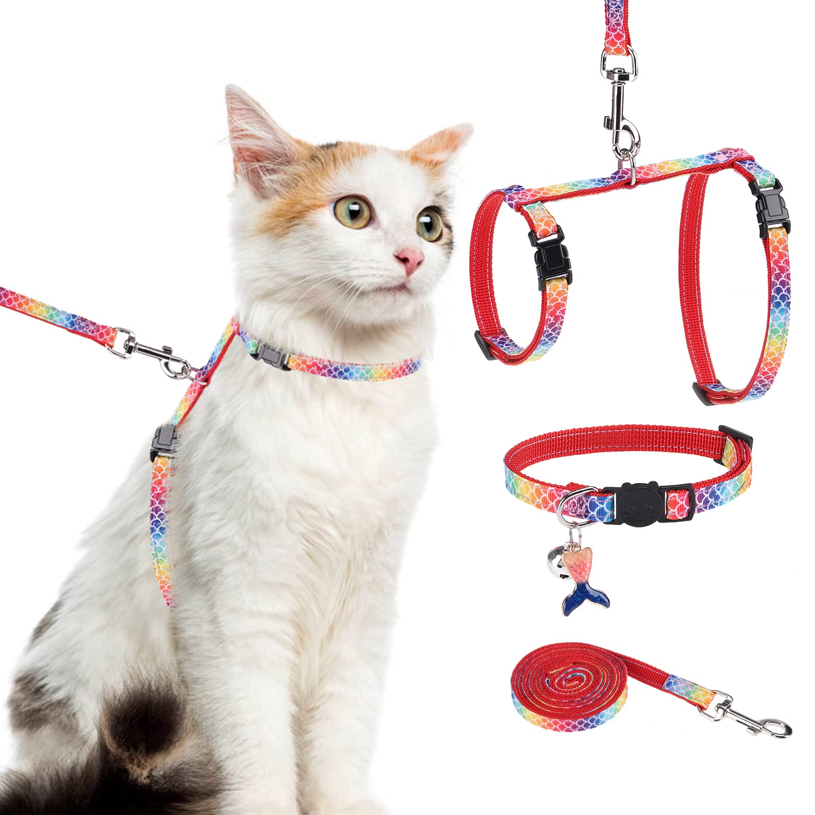 Pawchie Cat Harness With Leash And Collar Set - Escape Proof Adjustable Glow In The Dark Cat Harness For Kitty Outdoor Walking Multicolor