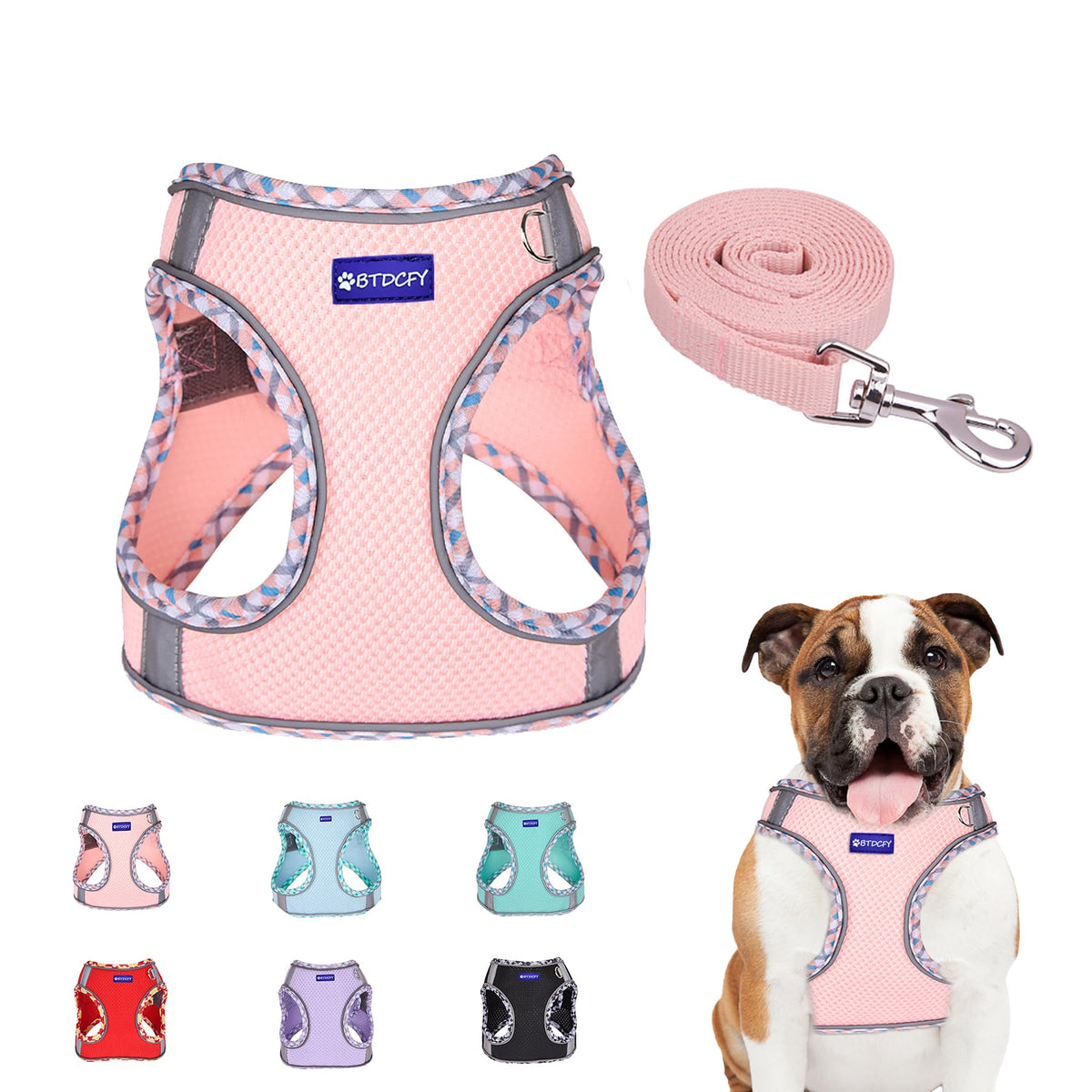 Btdcfy Step In Mesh Dog Harness And Leash Set, Breathable Air Mesh Reflective, Escape Proof, No Choke, Lightweight, Pink, Large