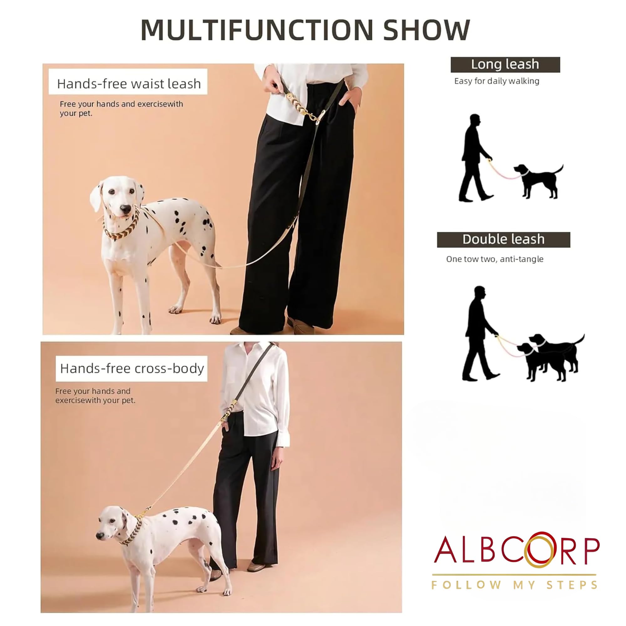 Albcorp Braided Hands Free Dog Leash 7.2 ft Long - PVC Coated, Adjustable for Crossbody, Waist Leash or Handheld Use - Waterproo