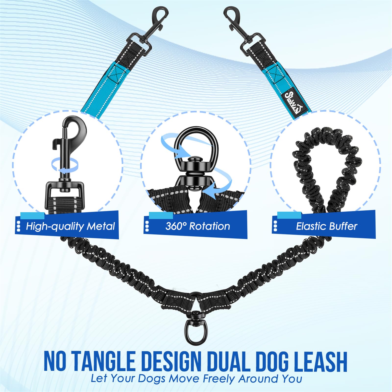 Slowton Double Leash For Two Dogs - No Tangle Dog Leash 360 Swivel Reflective Double Dog Leashes With Two Padded Handles, Shock