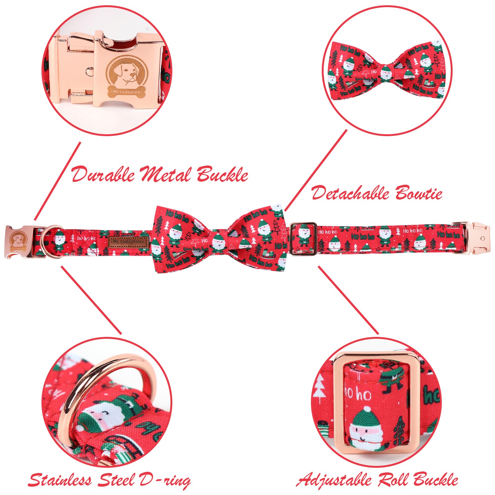 Mr. Chubbyface Santa Claus Dog Collar With Bowtie, Cotton Boy Girl Dog Collars With Metal Buckle Cute Christmas Collars For Pupp