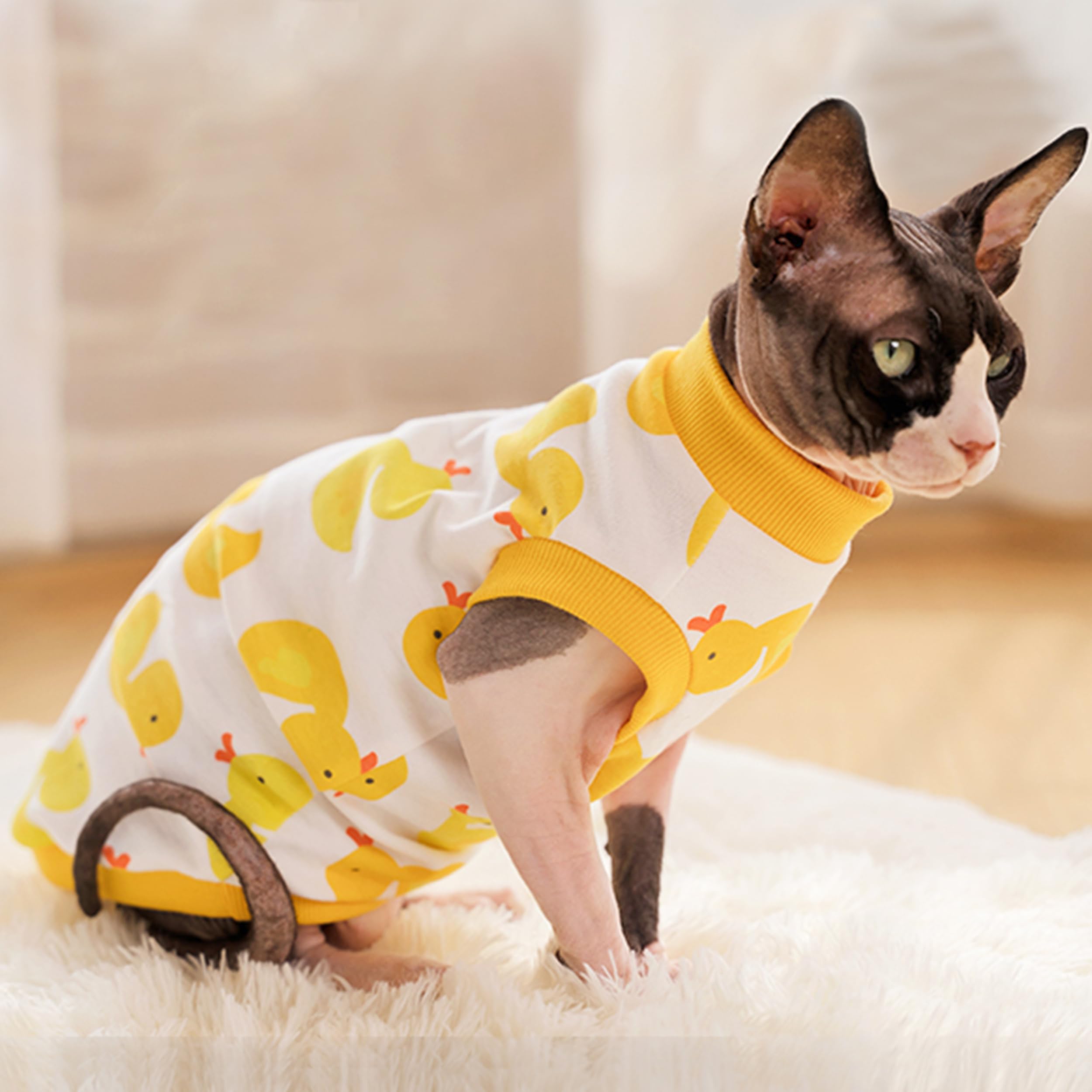 Pumyporeity Sphynx Cat Sweater & Pajamas, Soft & Stretchy, Yellow Turtleneck, For Cornish Rex, Devon Rex, L