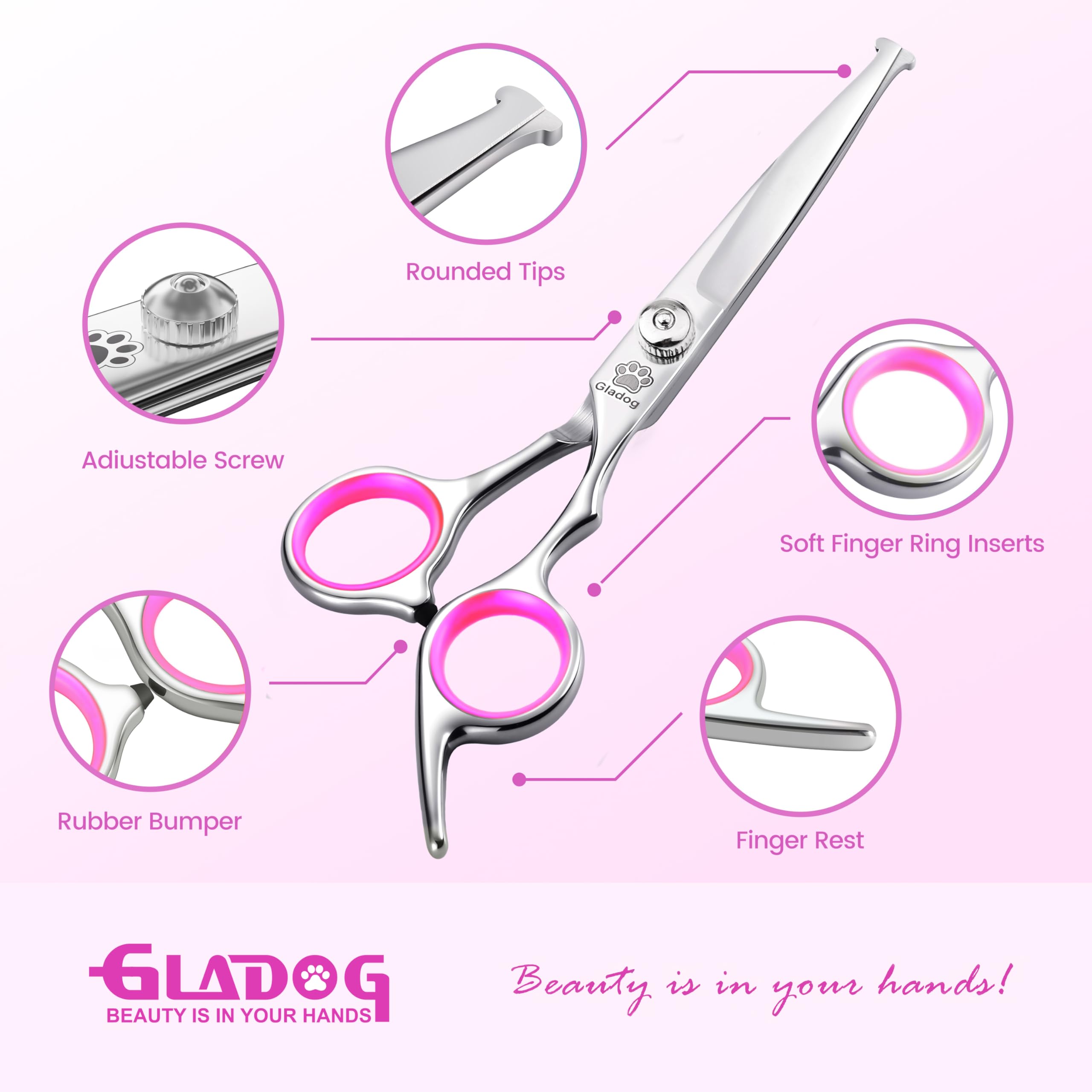Gladog Professional 5 In 1 Dog Grooming Scissors Set With Safety Round Tips, Sharp And Heavy-Duty Pet Grooming Shears For Cats (