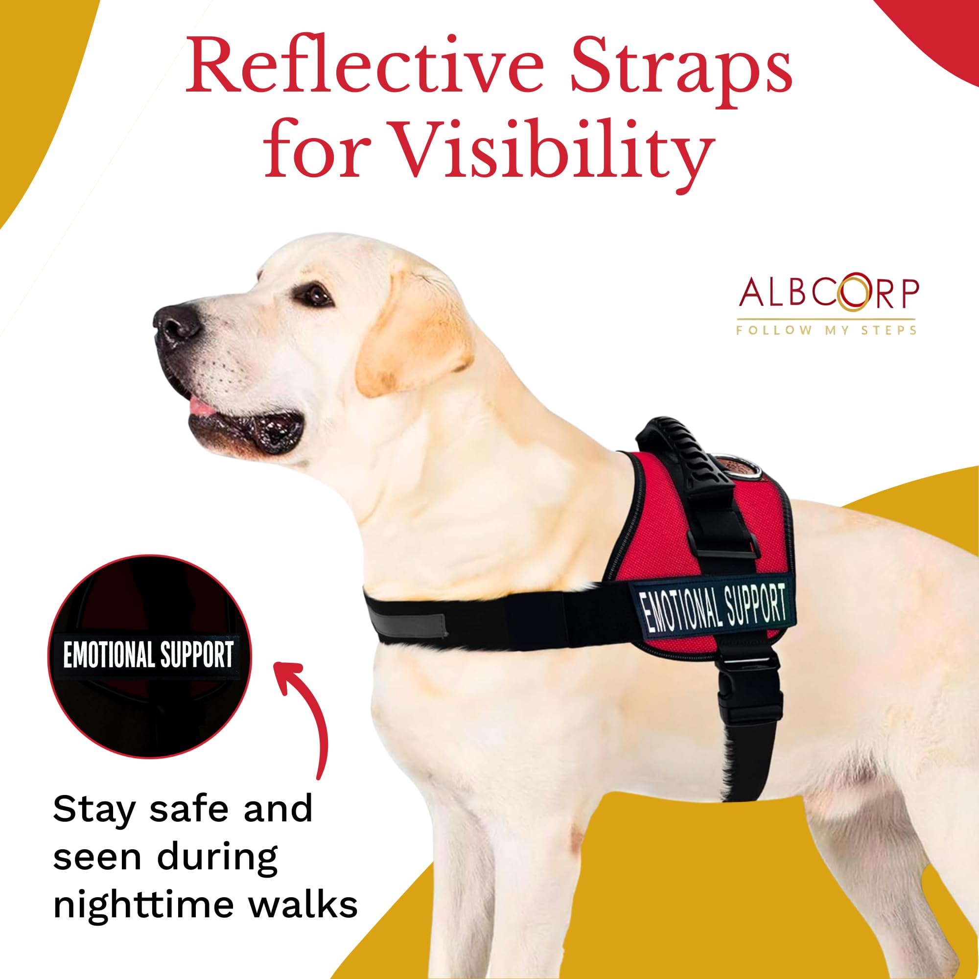 Albcorp Emotional Support Dog Vest - Reflective Harness With Adjustable Straps And 2 Hook And Loop Removable Patches, Woven Polyester & Nylon, Comfy Mesh Padding, Sturdy Handle. Extra Large, Red