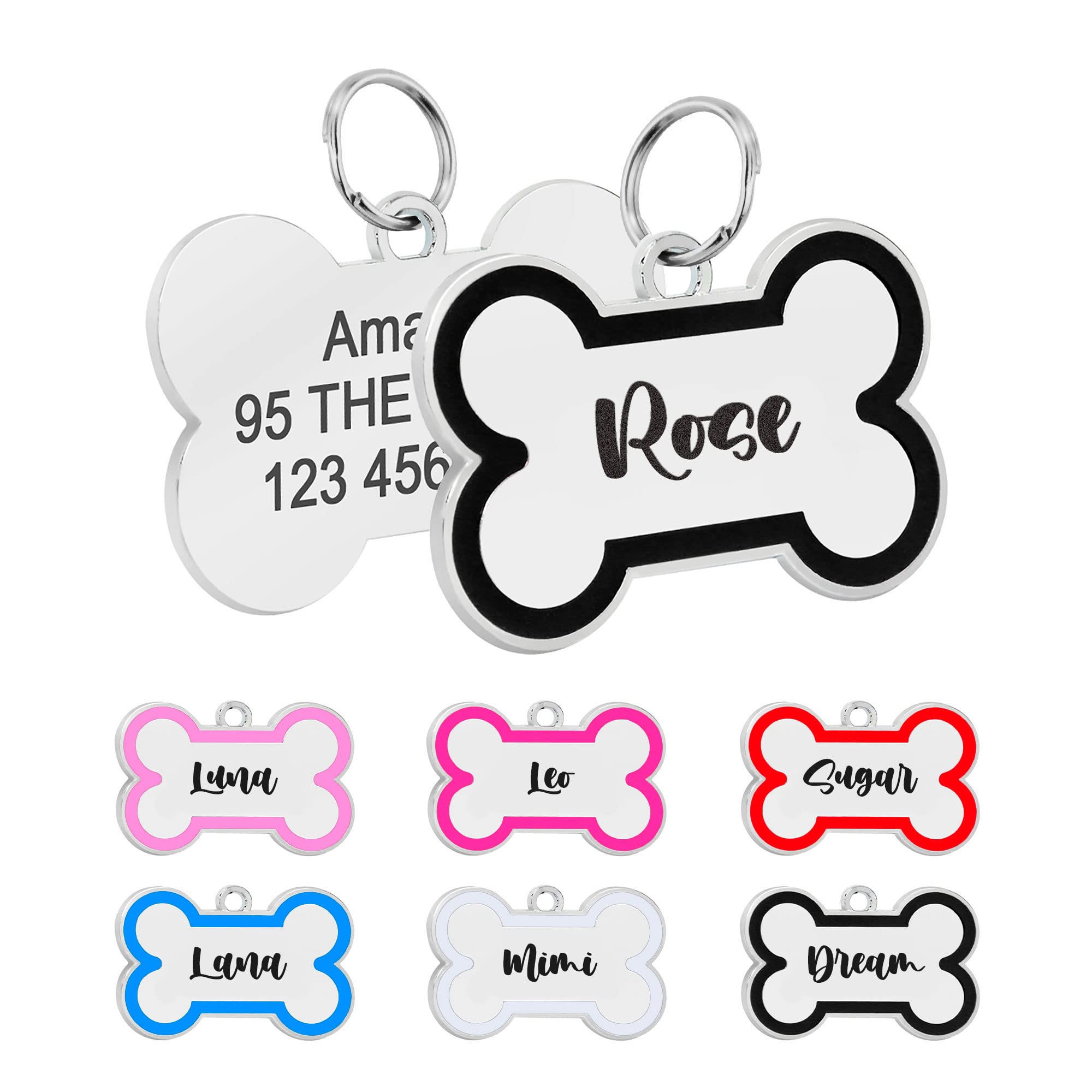 Fancy Dog Id Tags Bone Shaped Stainless Steel Custom Laser Engraved Both Sides With Up To 4 Lines Of Text, Pet Name Tags Persona