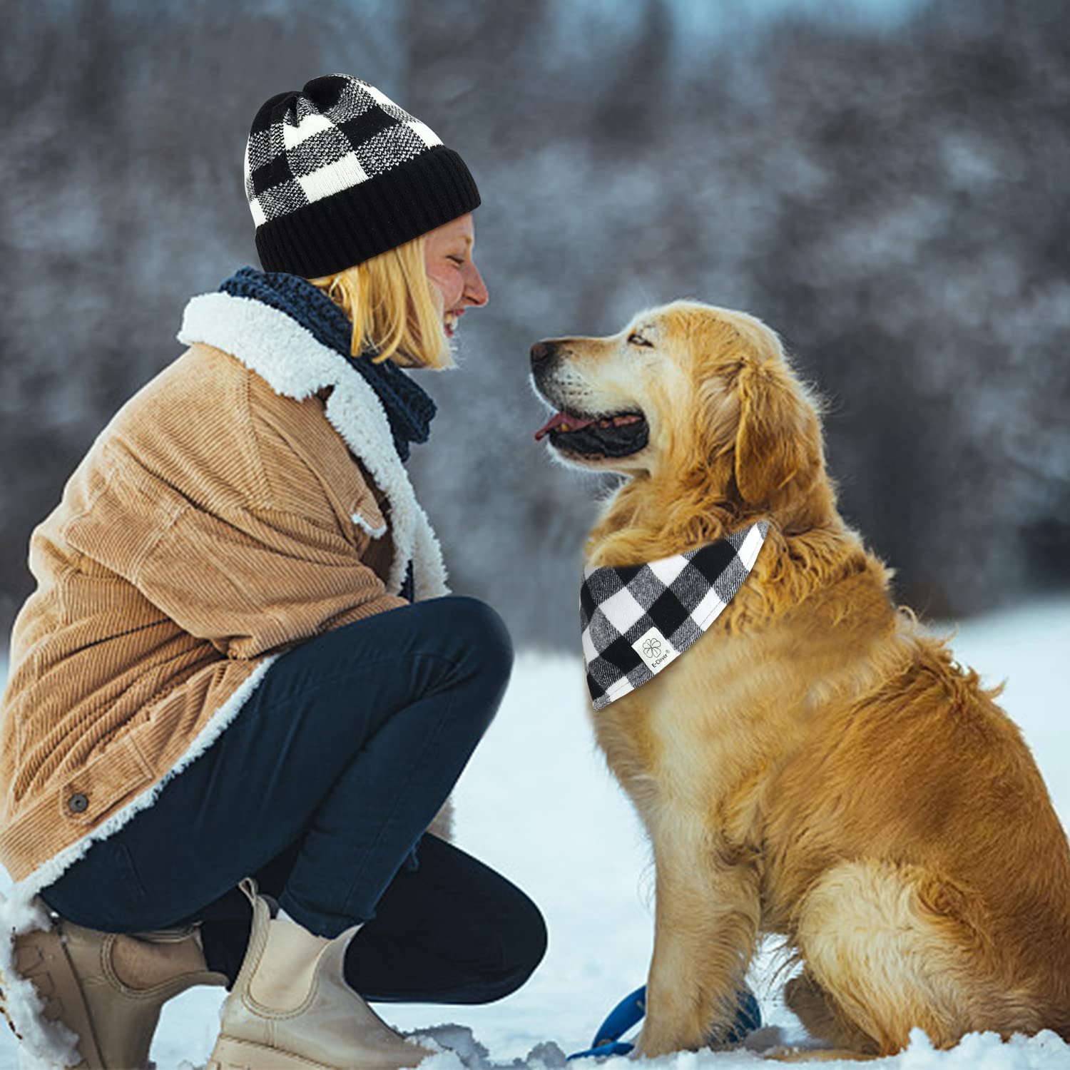 E-Clover Dog Bandanas Matching Owner Beanie Plaid Dog Bandana Bibs With Knit Hat For Medium Large Dogs Mom Dad Gifts White Black