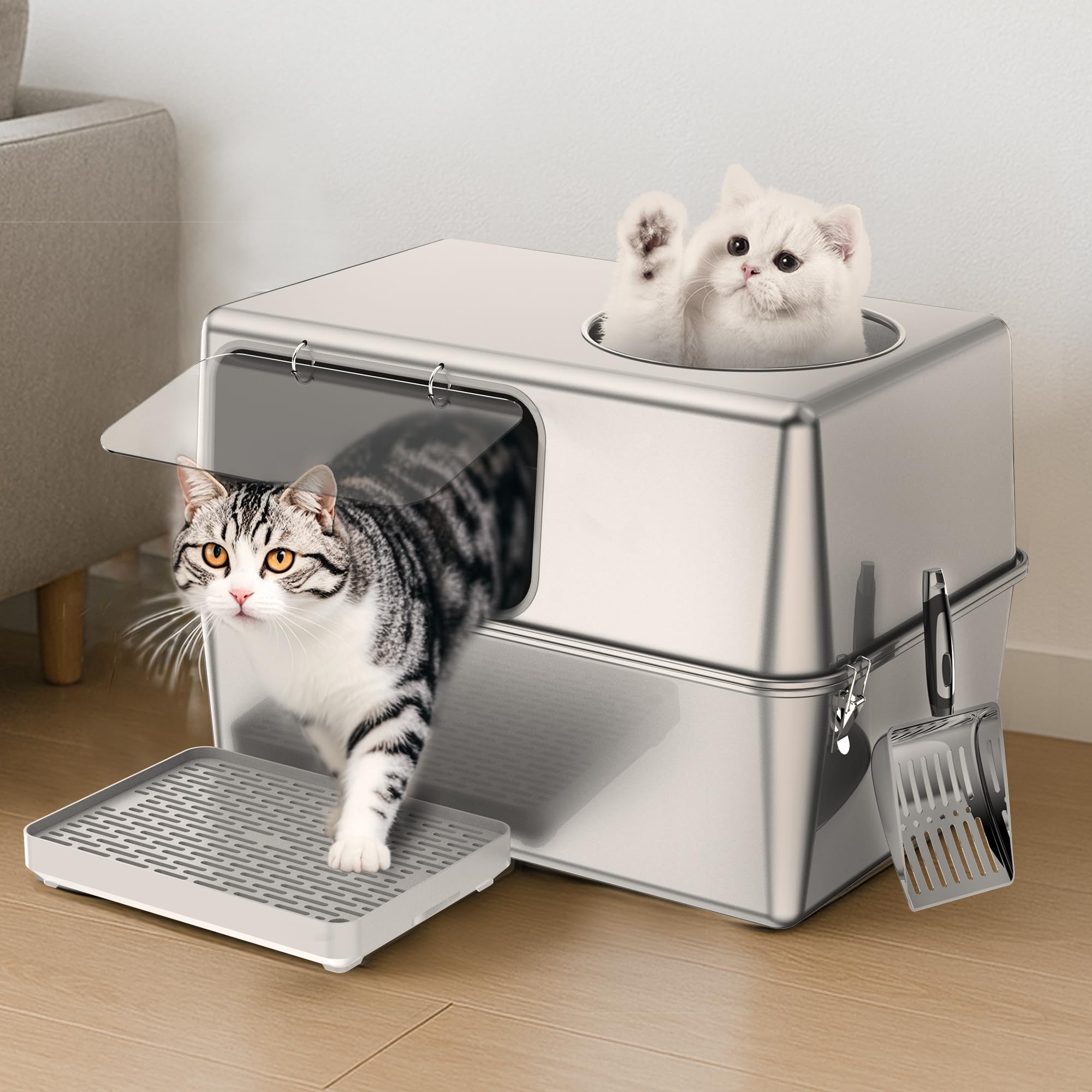 Aothey Stainless Steel Litter Box with Lid, Enclosed Metal with High Sides, Large Cat Litter Box, Dog-Proof, Odor Control, Easy 