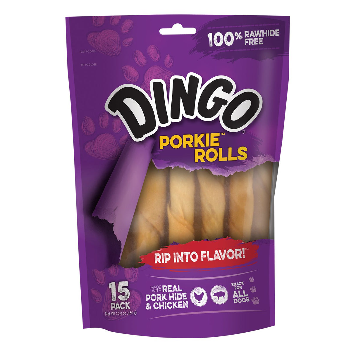 Dingo Porkie Rolls 15 Count, Pork Hide Chews For Dogs, Made With Real Chicken