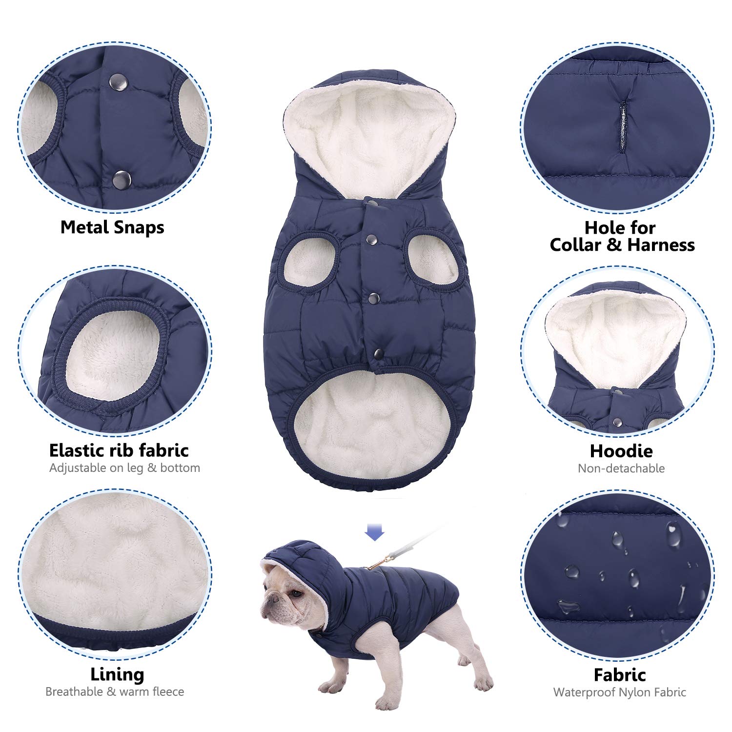 Dog Fleece Hoodie, Windproof Waterproof Dog Coat Fleece & Cotton Lined Warm Dog Jacket, Cold Weather Pet Apparel Clothes Vest For Small Medium Large Dog (M: Length 12.6', Chest 15'-17.3', Blue)
