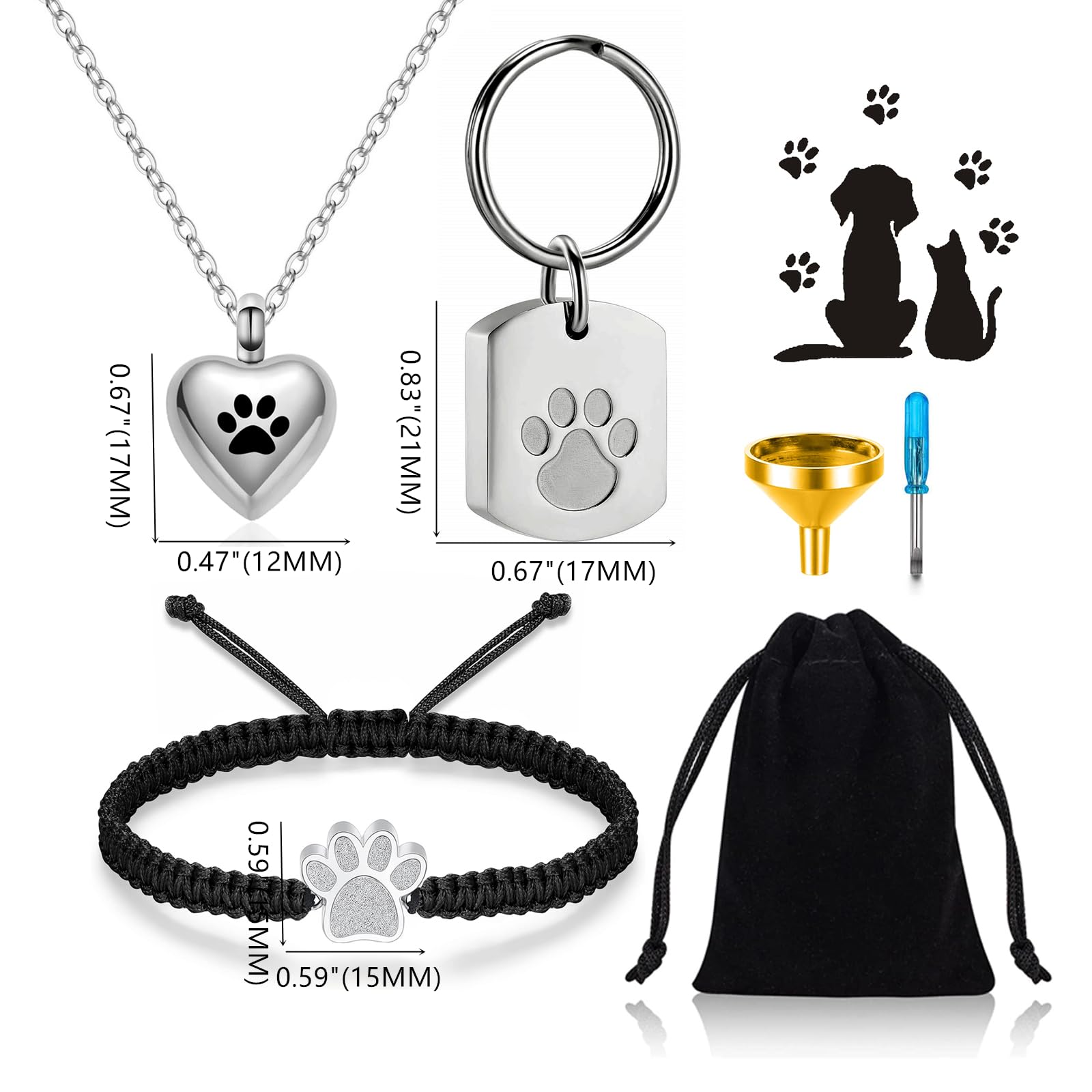 Ripfevurn 3 Pcs Pet Cremation Jewelry Urn Necklaces Bracelet Keychain For Ashes For Women Men Cat Dog Paw Print Ashes Keepsake M