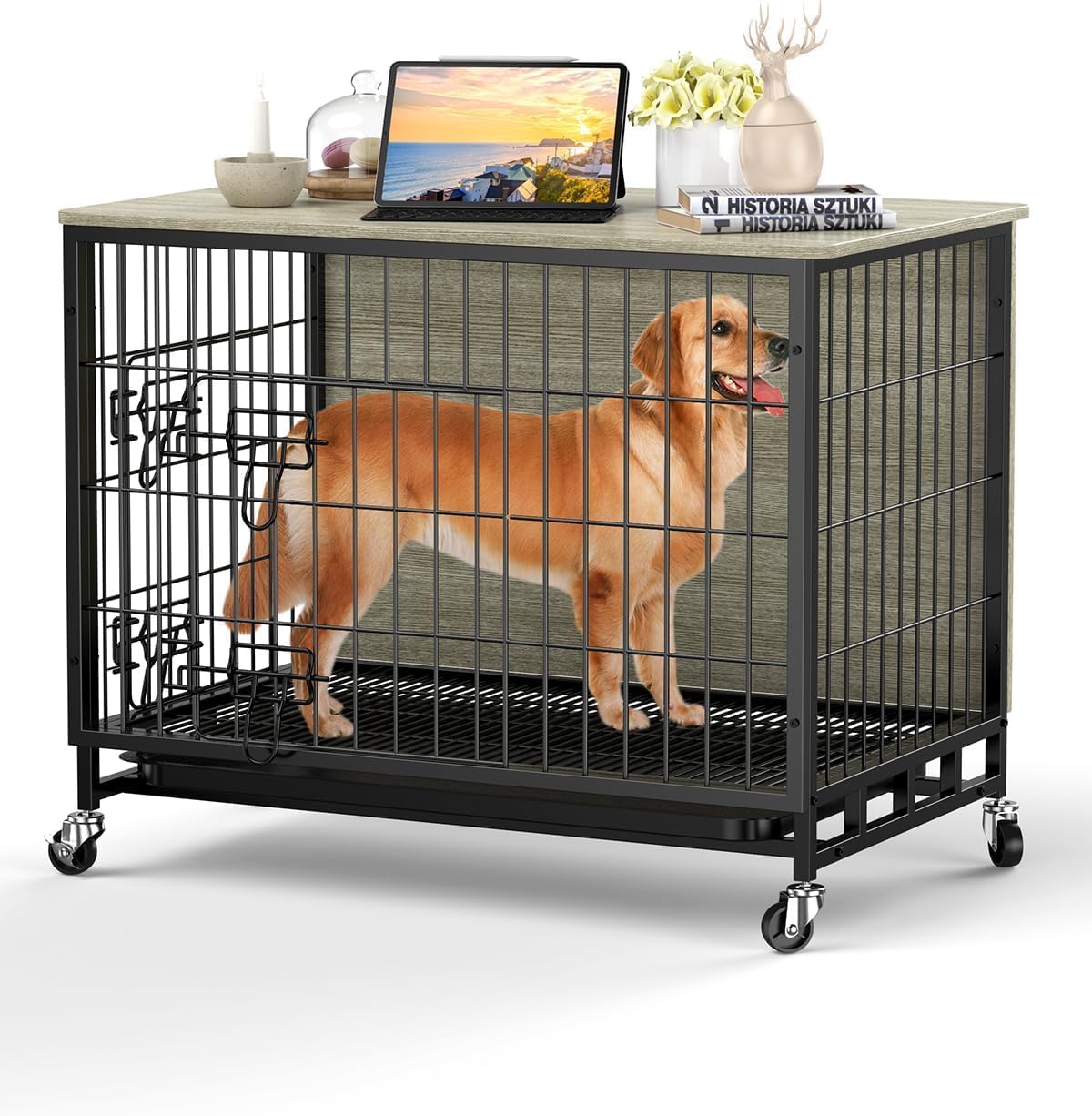 Dog Crate Furniture, 38 Dog Kennel End Table, Wooden Dog Cage with Wheels & Double Doors, Dog Crate Indoor Dog House for Large M