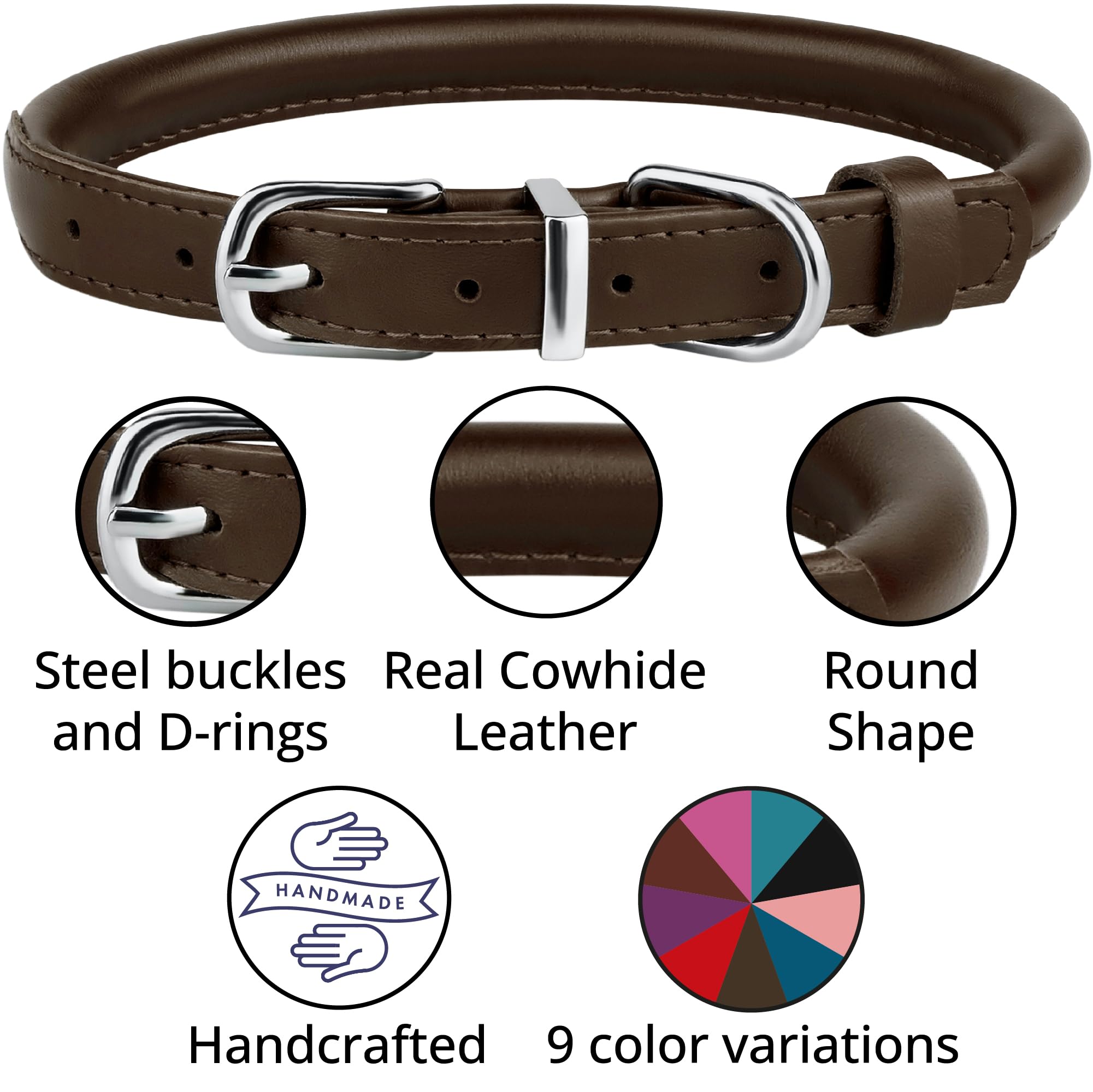 BRONZEDOG Rolled Leather Dog Collar for Small Medium Large Dogs, Genuine Smooth Leather, Coffee Brown, XS: 9-11 Inch