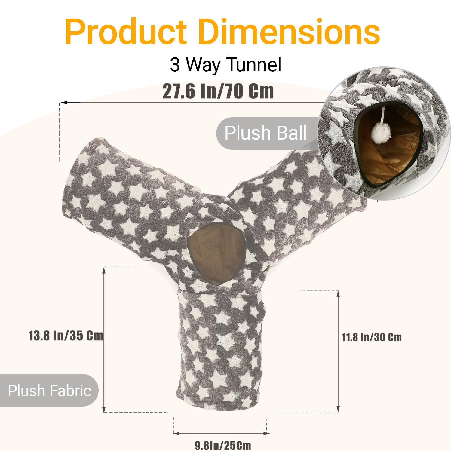 Luckitty Cat Tunnel Toy- 3 Way-Shaped, Gray Star Pattern, Soft Velvet Exterior, Oxford Fabric Fog-Proof Interior, Plush Toy Ball