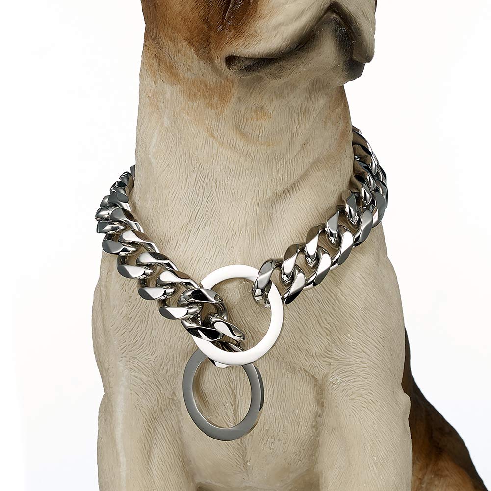 Loveshine Chain Dog Collar High Polished Silver Cuban Link Dog Chain Chain Collar Metal Stainless Steel Heavy Duty Dog Collars For Medium Dogs(15Mm, 22')